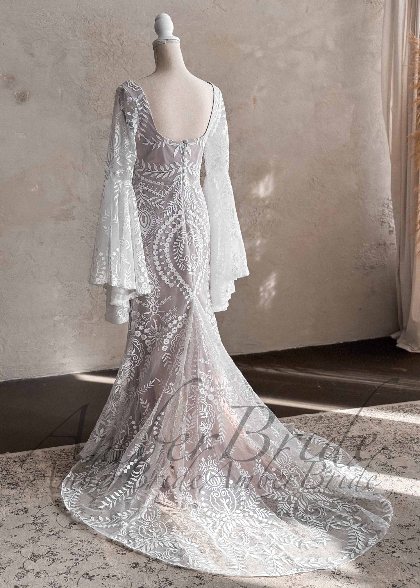 STOCK SELL-OUT: Boho Mermaid Wedding Dress with Bell Sleeves and Square Neck