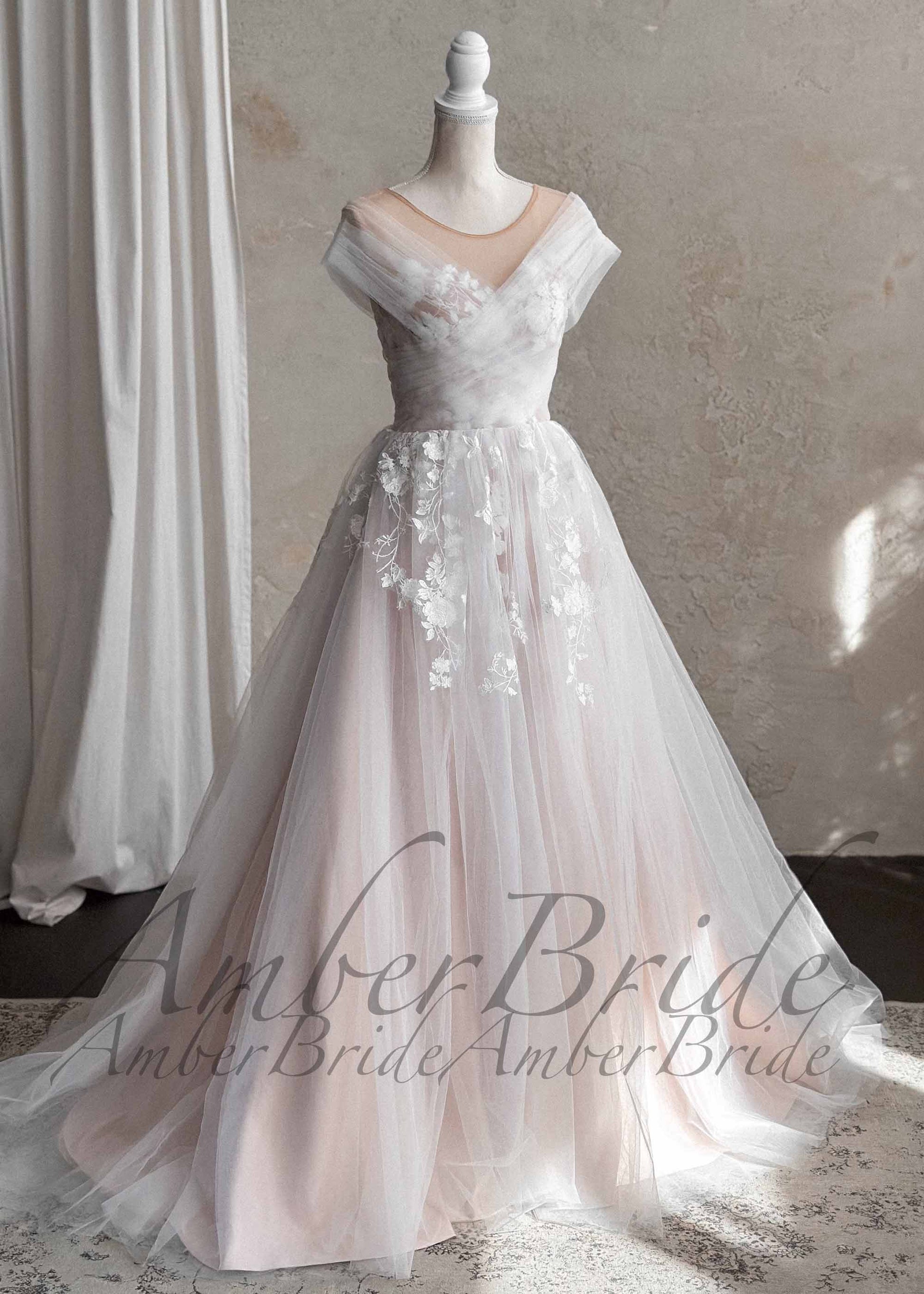 Romantic Off-Shoulder Tulle Wedding Dress with Floral Appliqué and Illusion Neckline