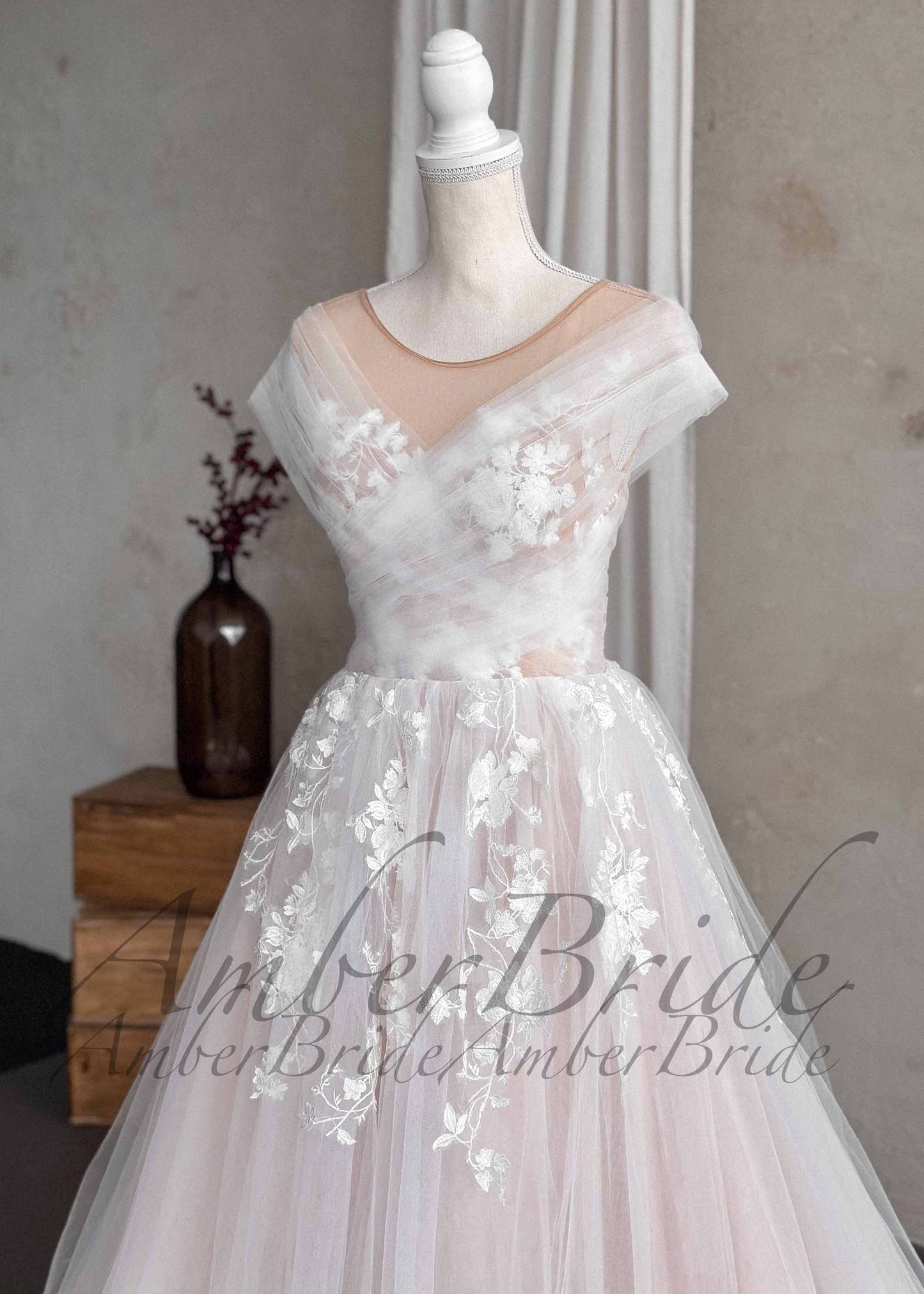 Romantic Off-Shoulder Tulle Wedding Dress with Floral Appliqué and Illusion Neckline