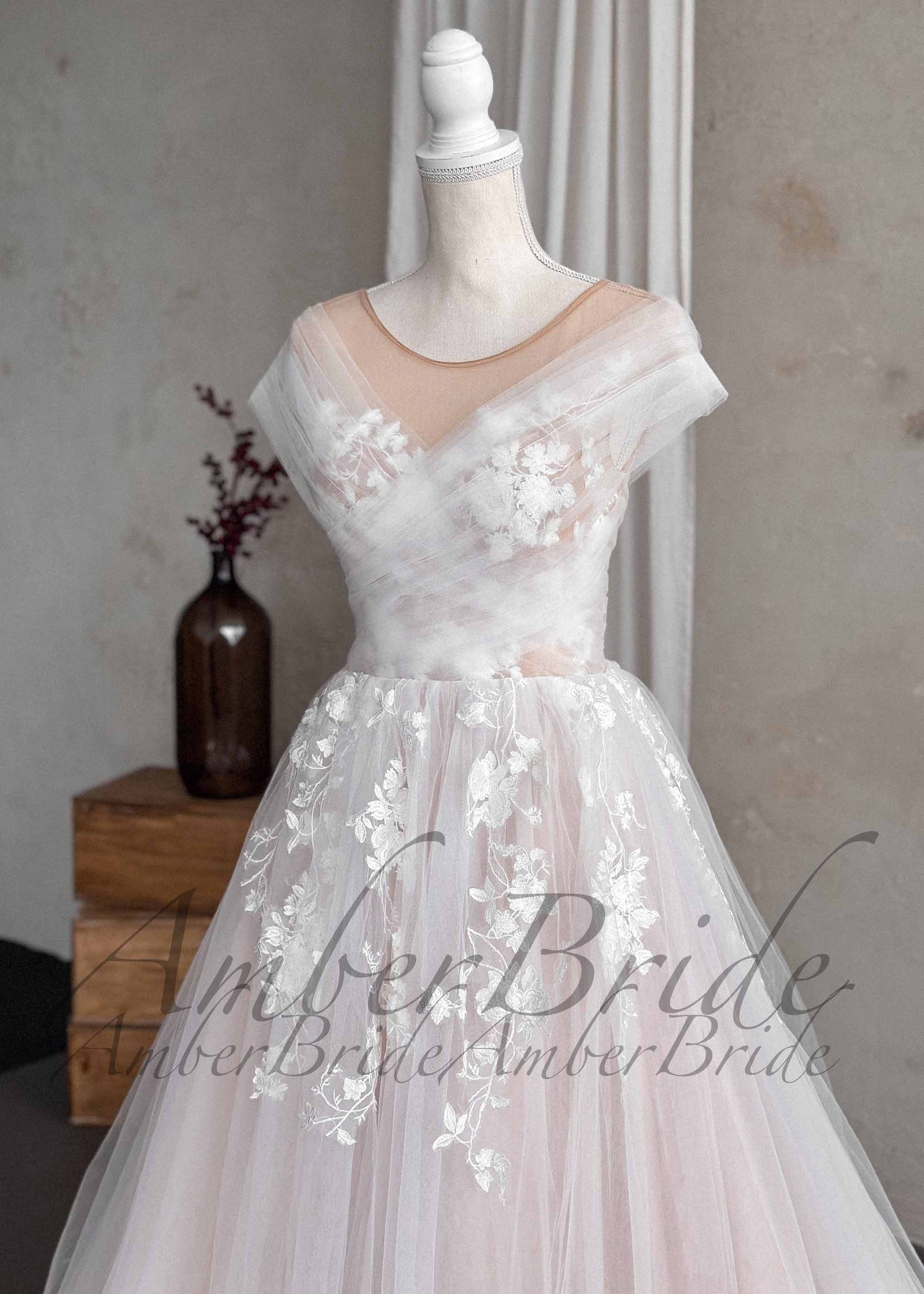 Romantic Off-Shoulder Tulle Wedding Dress with Floral Appliqué and Illusion Neckline