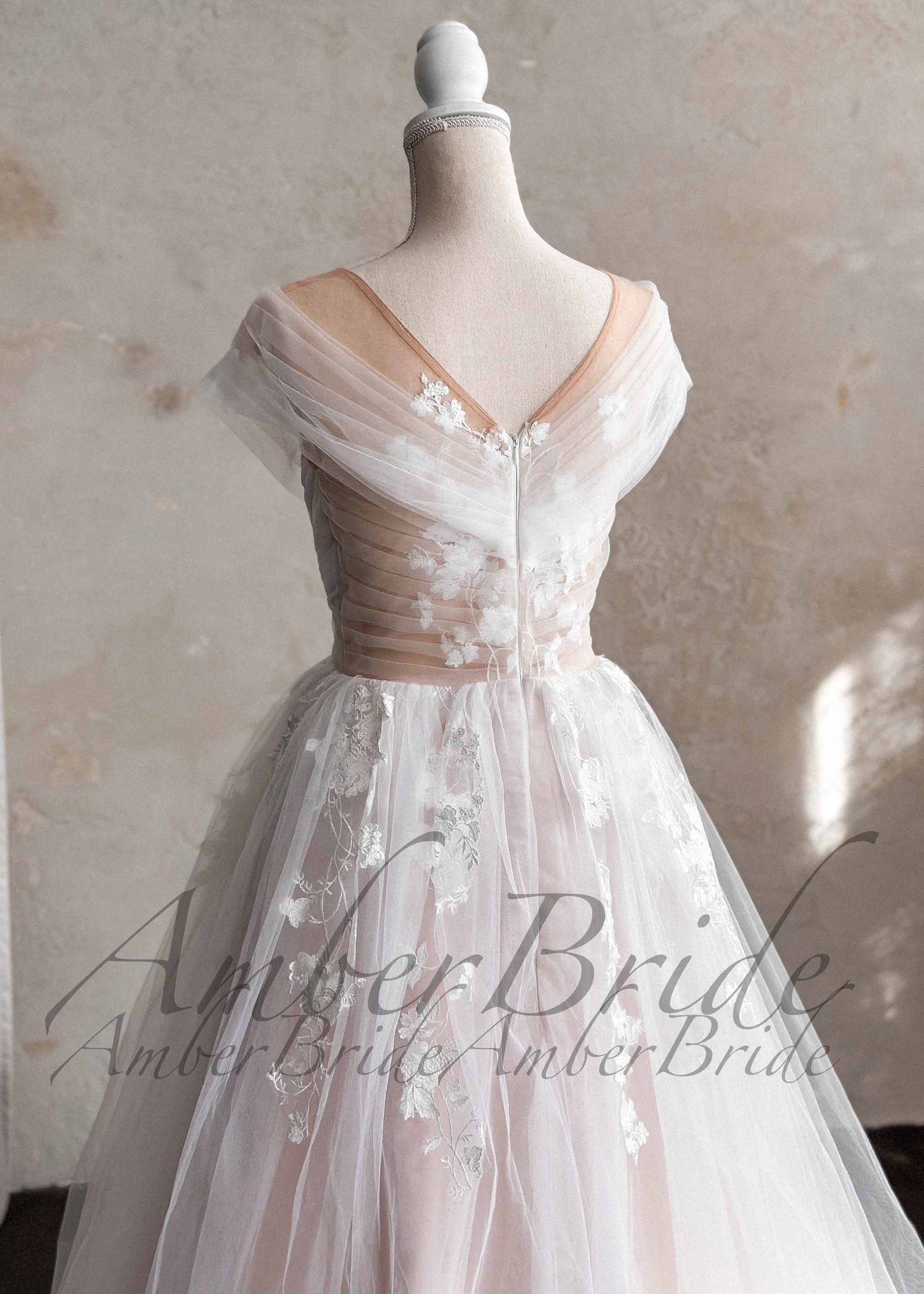 Romantic Off-Shoulder Tulle Wedding Dress with Floral Appliqué and Illusion Neckline