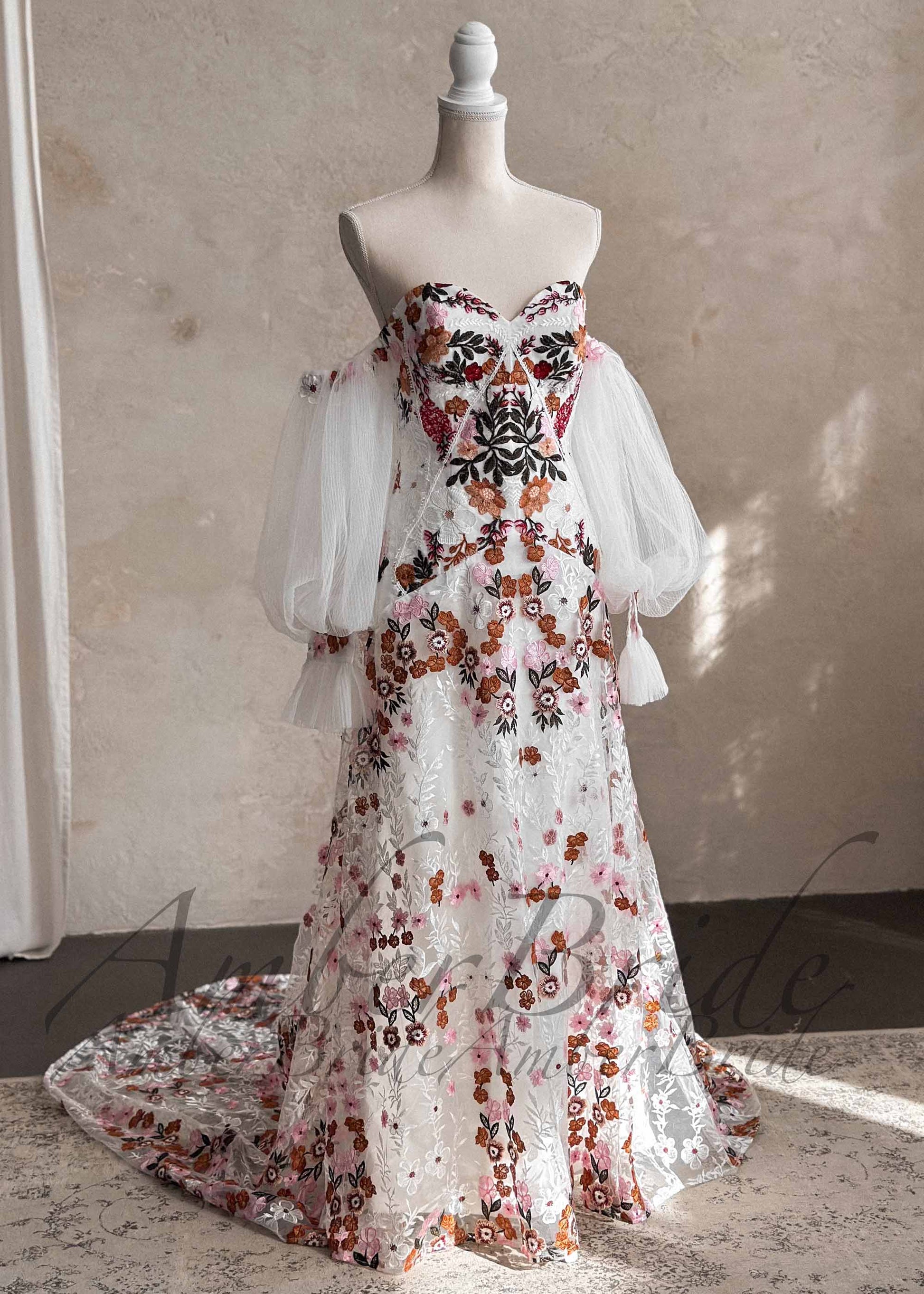Boho Strapless Wedding Dress with Colorful Floral Embroidery and Detachable Puffy Sleeves