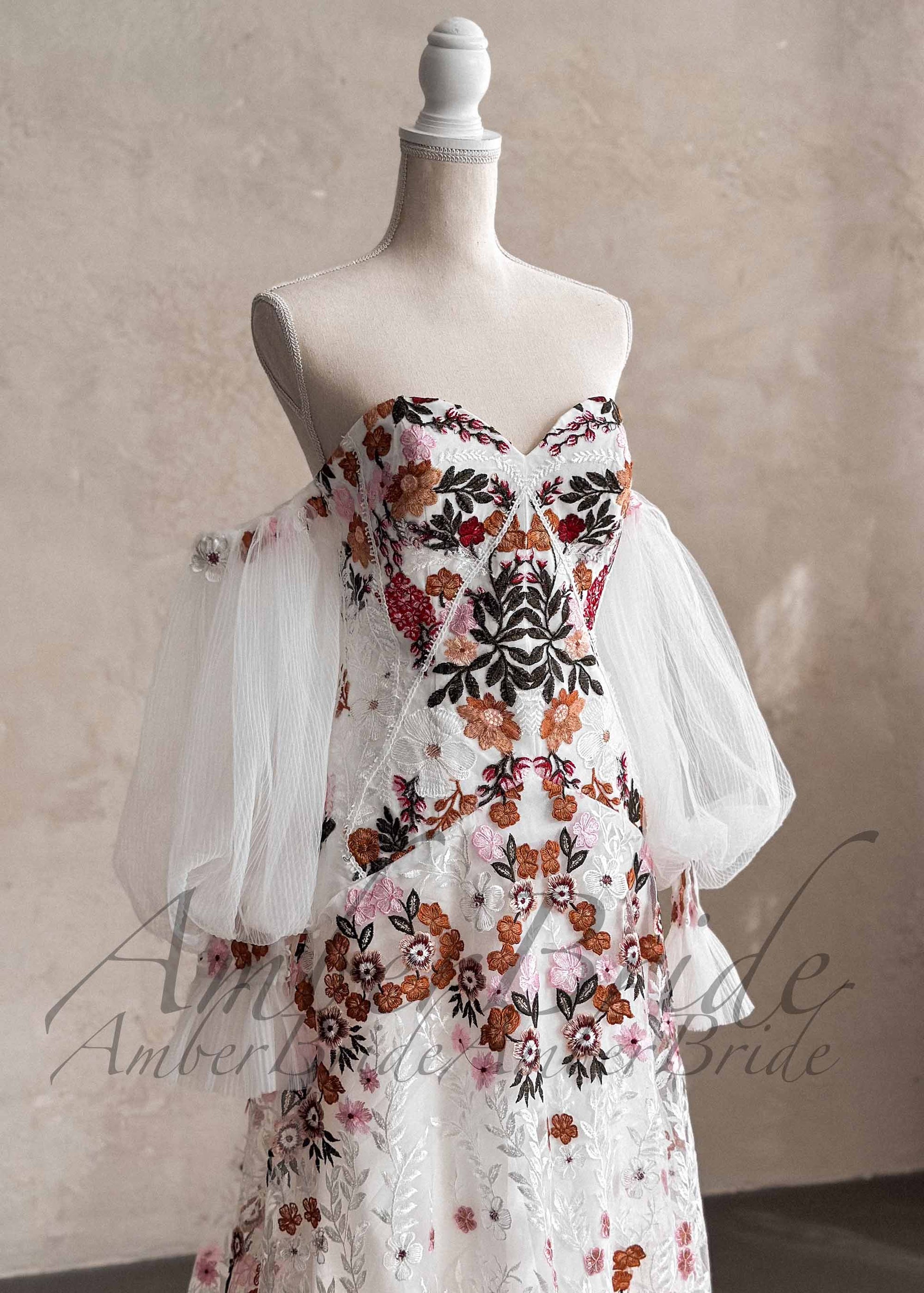 Boho Strapless Wedding Dress with Colorful Floral Embroidery and Detachable Puffy Sleeves