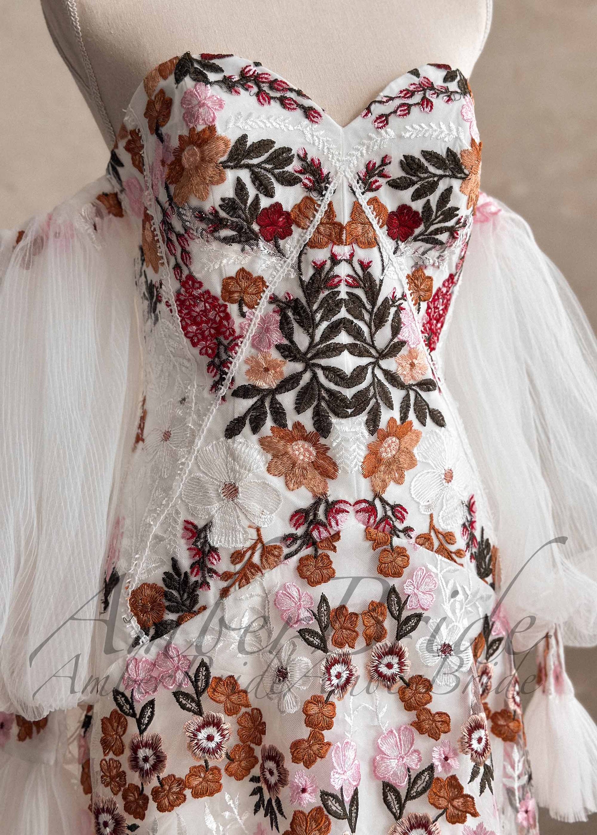 Boho Strapless Wedding Dress with Colorful Floral Embroidery and Detachable Puffy Sleeves