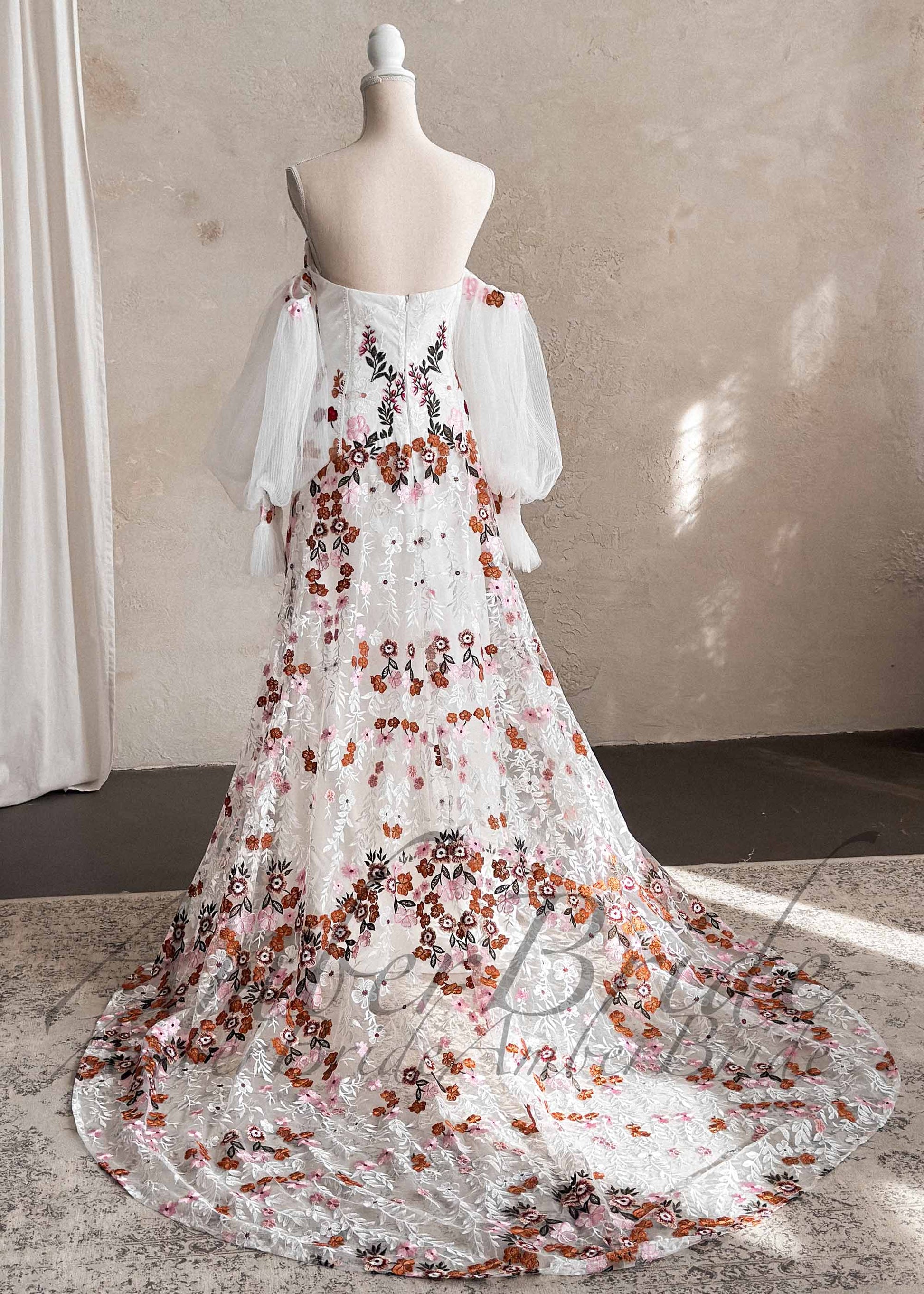 Boho Strapless Wedding Dress with Colorful Floral Embroidery and Detachable Puffy Sleeves