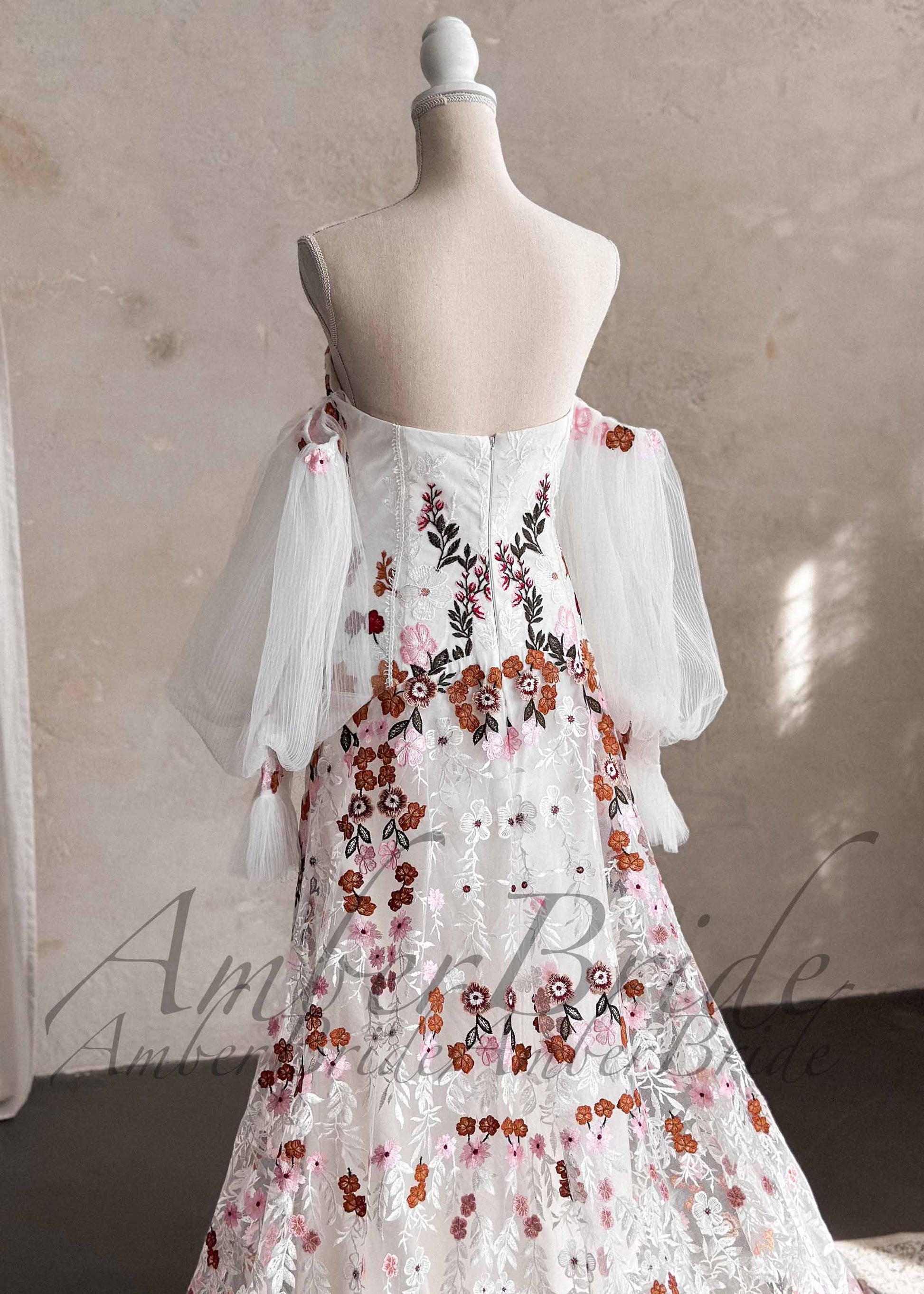 Boho Strapless Wedding Dress with Colorful Floral Embroidery and Detachable Puffy Sleeves