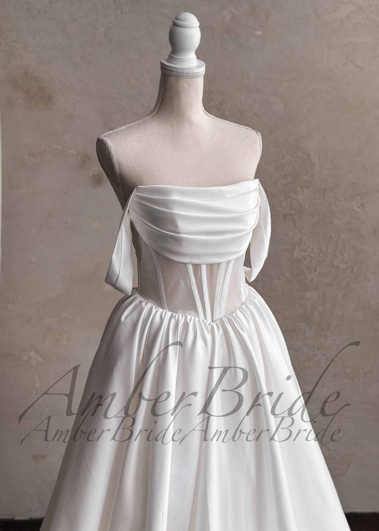 Off-Shoulder Satin Wedding Dress with Corset Back and A-Line Skirt
