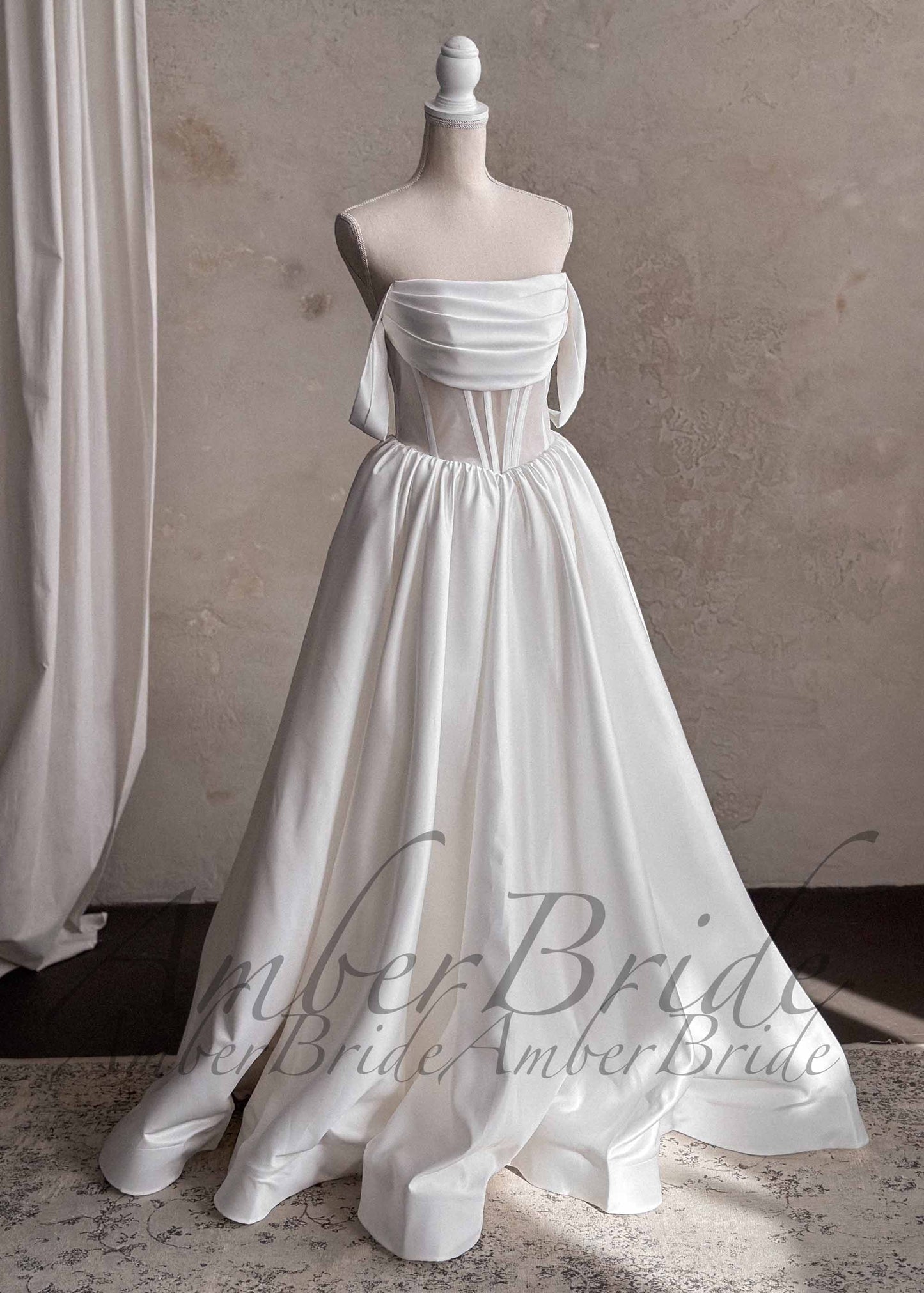 Off-Shoulder Satin Wedding Dress with Corset Back and A-Line Skirt