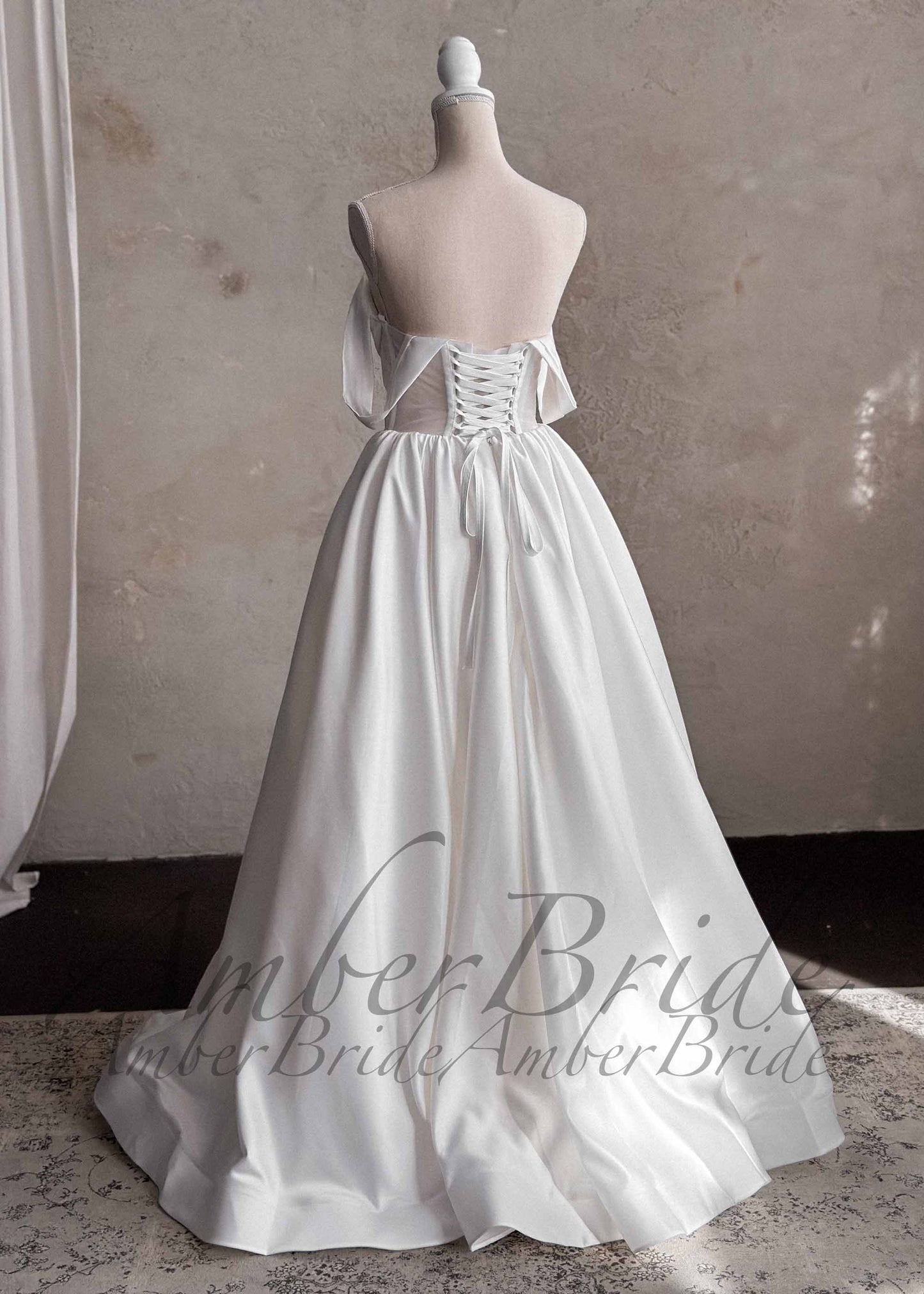 Off-Shoulder Satin Wedding Dress with Corset Back and A-Line Skirt