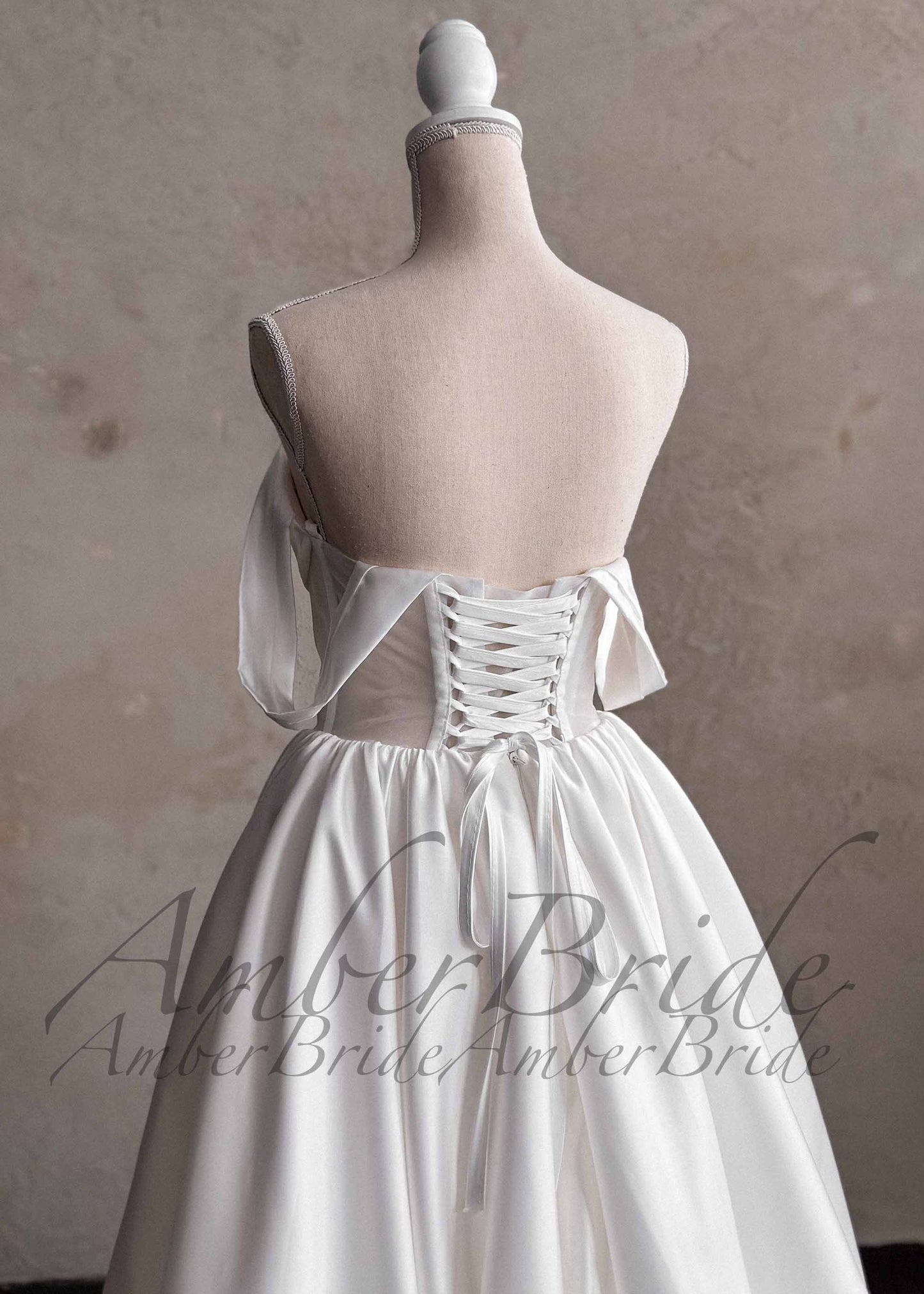 Off-Shoulder Satin Wedding Dress with Corset Back and A-Line Skirt