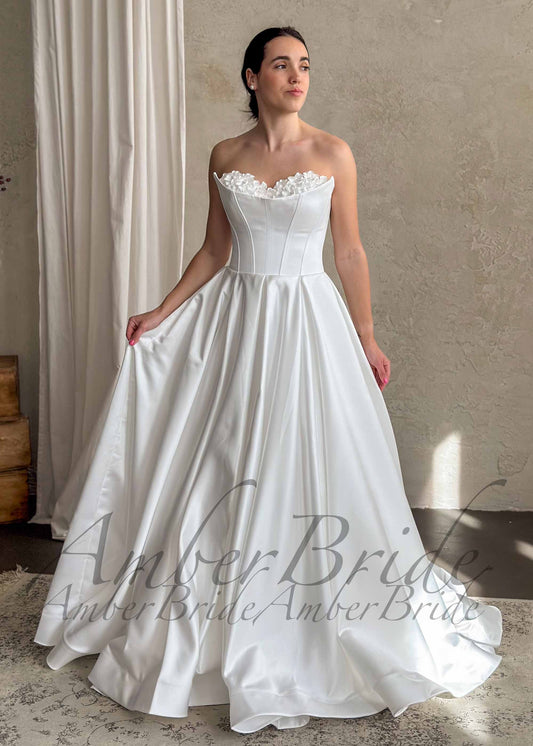 Strapless Satin A-Line Wedding Dress with 3D Floral Bust and Corset Back