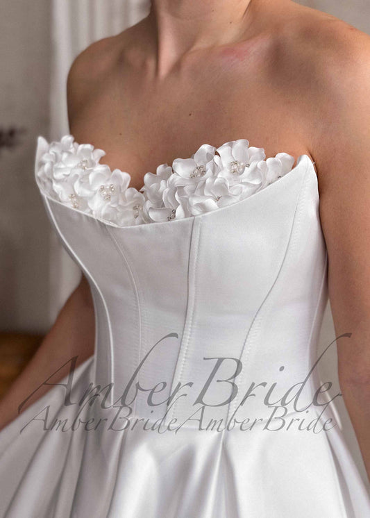 Strapless Satin A-Line Wedding Dress with 3D Floral Bust and Corset Back