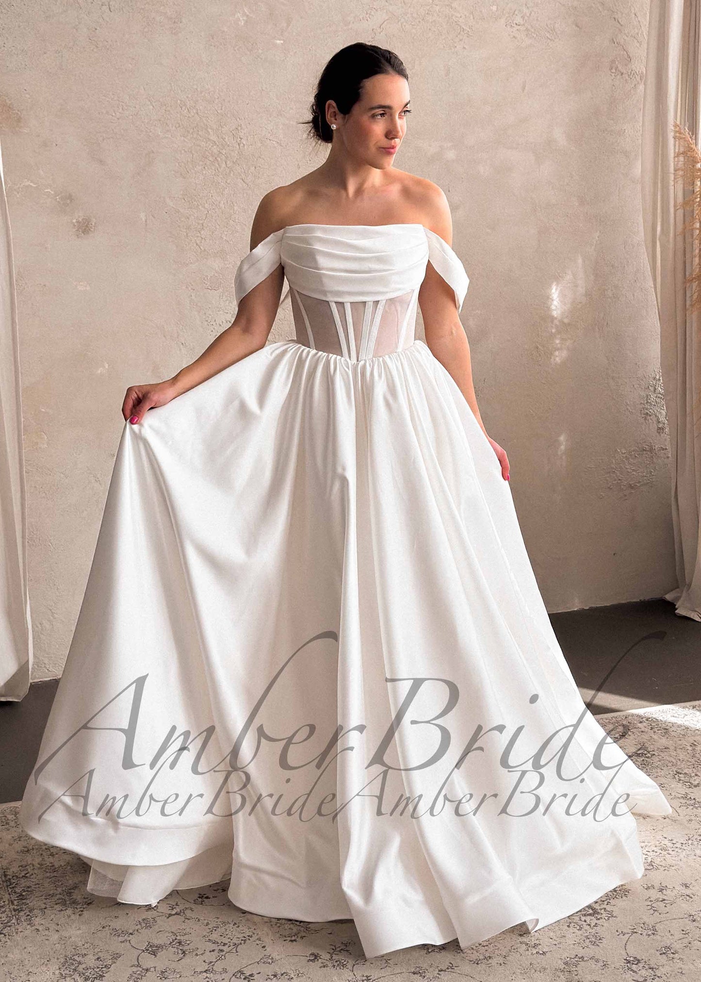 Off-Shoulder Satin Wedding Dress with Corset Back and A-Line Skirt