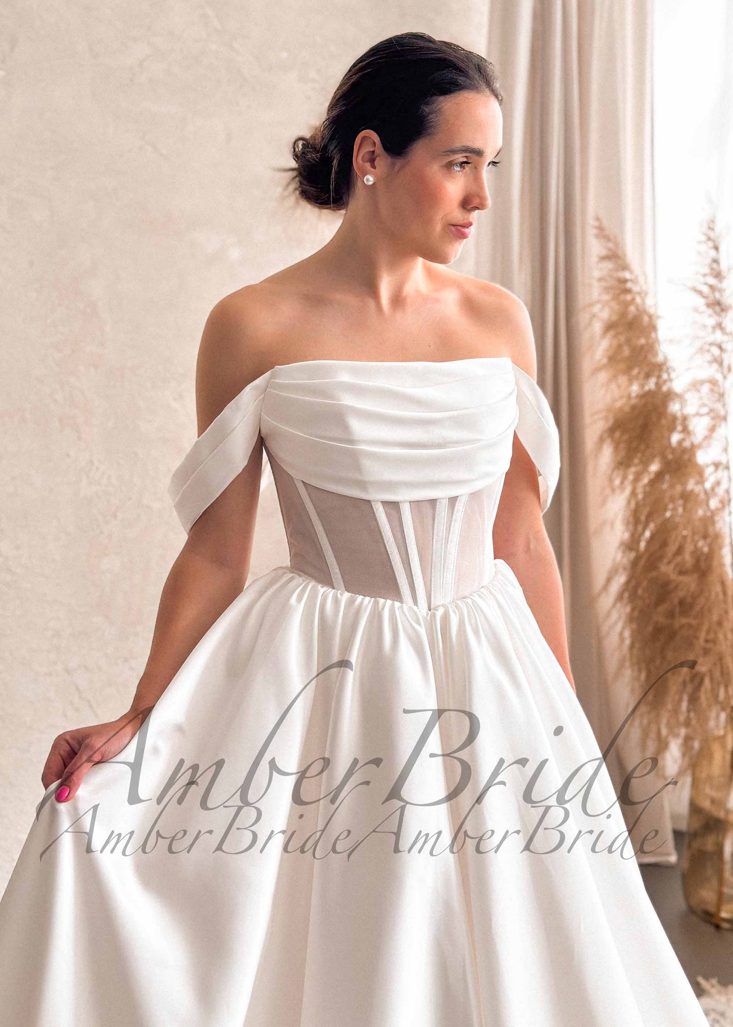 Off-Shoulder Satin Wedding Dress with Corset Back and A-Line Skirt
