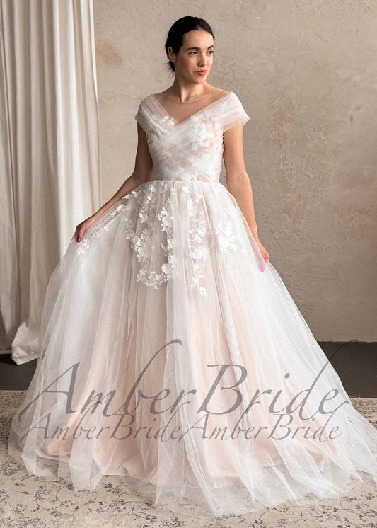 Romantic Off-Shoulder Tulle Wedding Dress with Floral Appliqué and Illusion Neckline