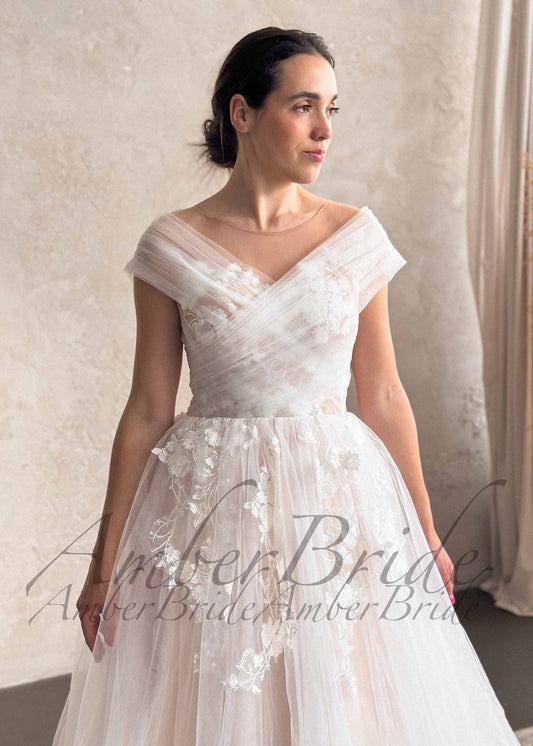 Romantic Off-Shoulder Tulle Wedding Dress with Floral Appliqué and Illusion Neckline