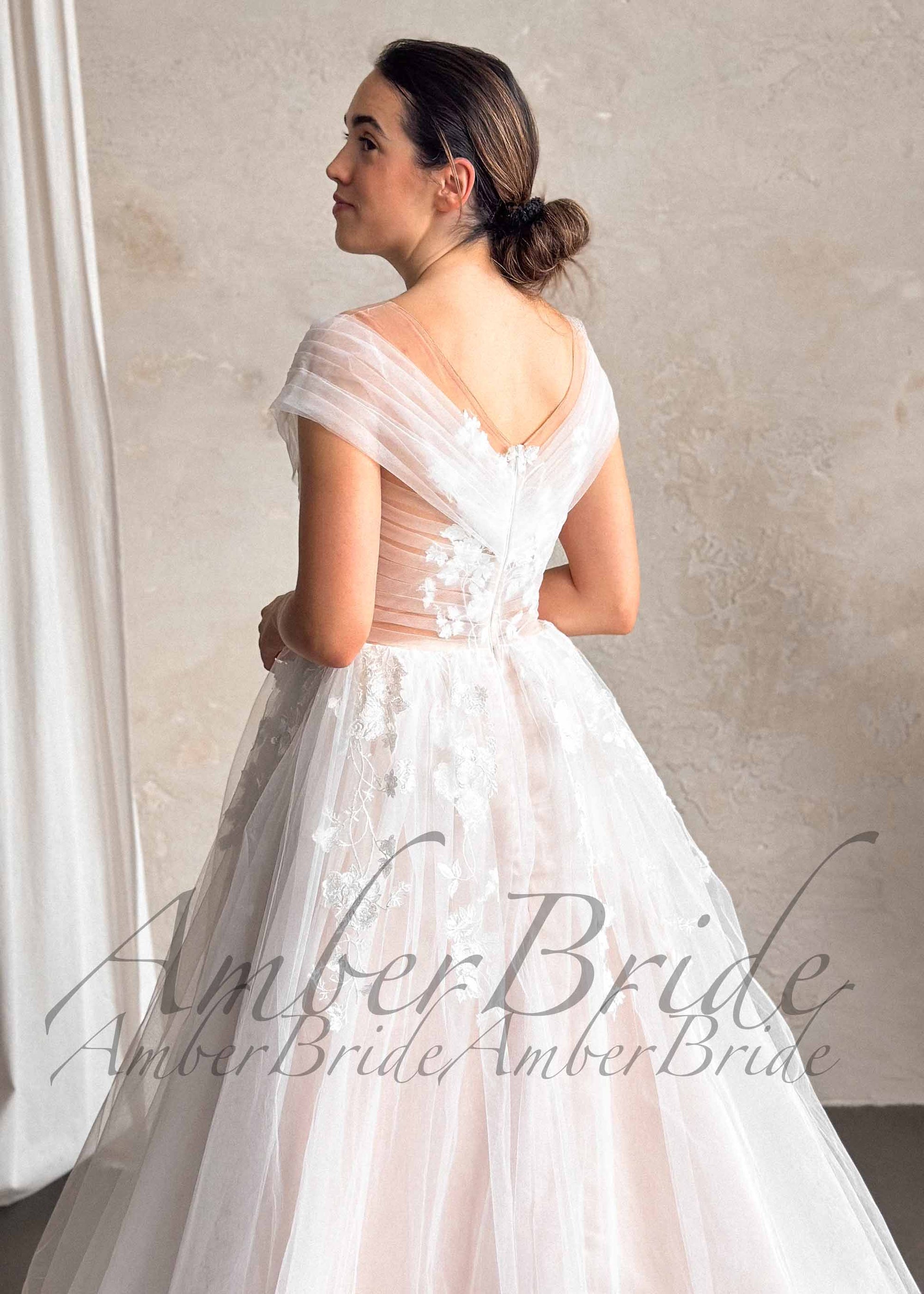 Romantic Off-Shoulder Tulle Wedding Dress with Floral Appliqué and Illusion Neckline