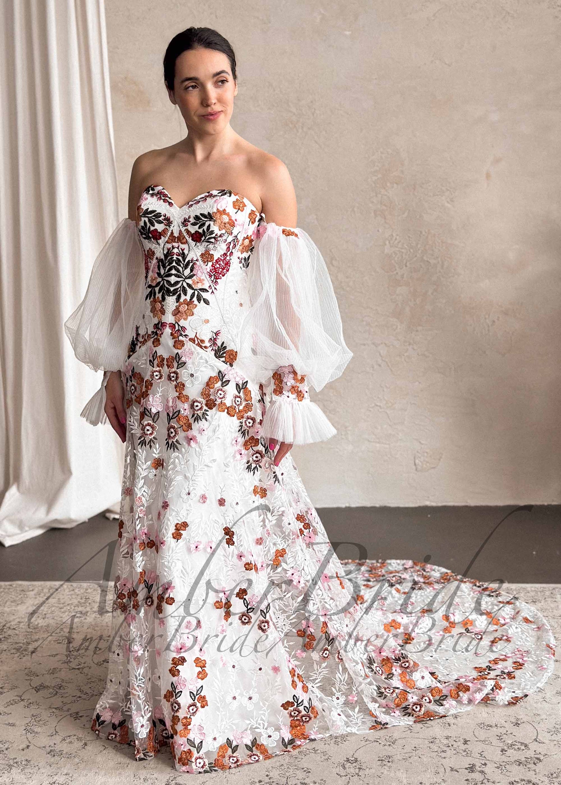 Boho Strapless Wedding Dress with Colorful Floral Embroidery and Detachable Puffy Sleeves