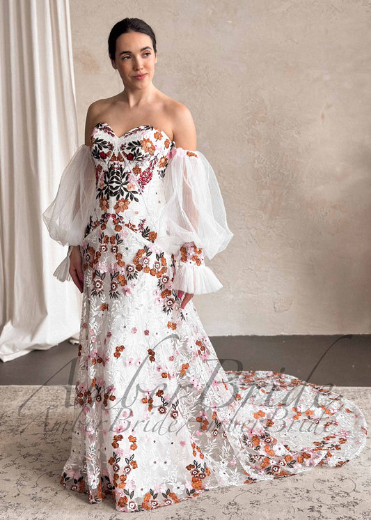 Boho Strapless Wedding Dress with Colorful Floral Embroidery and Detachable Puffy Sleeves
