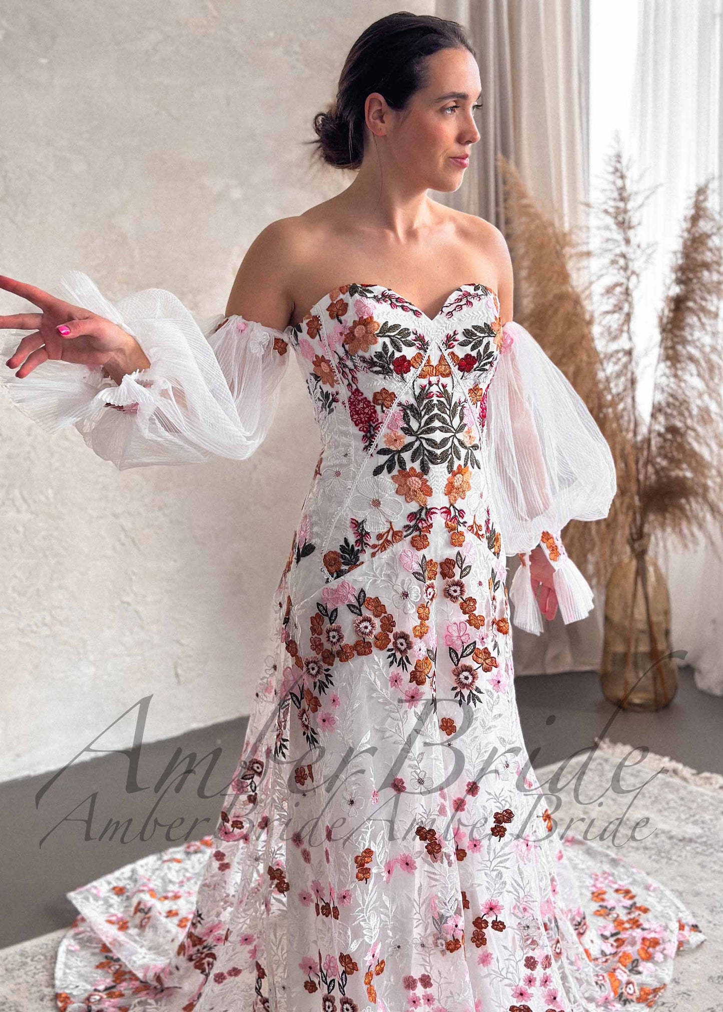 Boho Strapless Wedding Dress with Colorful Floral Embroidery and Detachable Puffy Sleeves