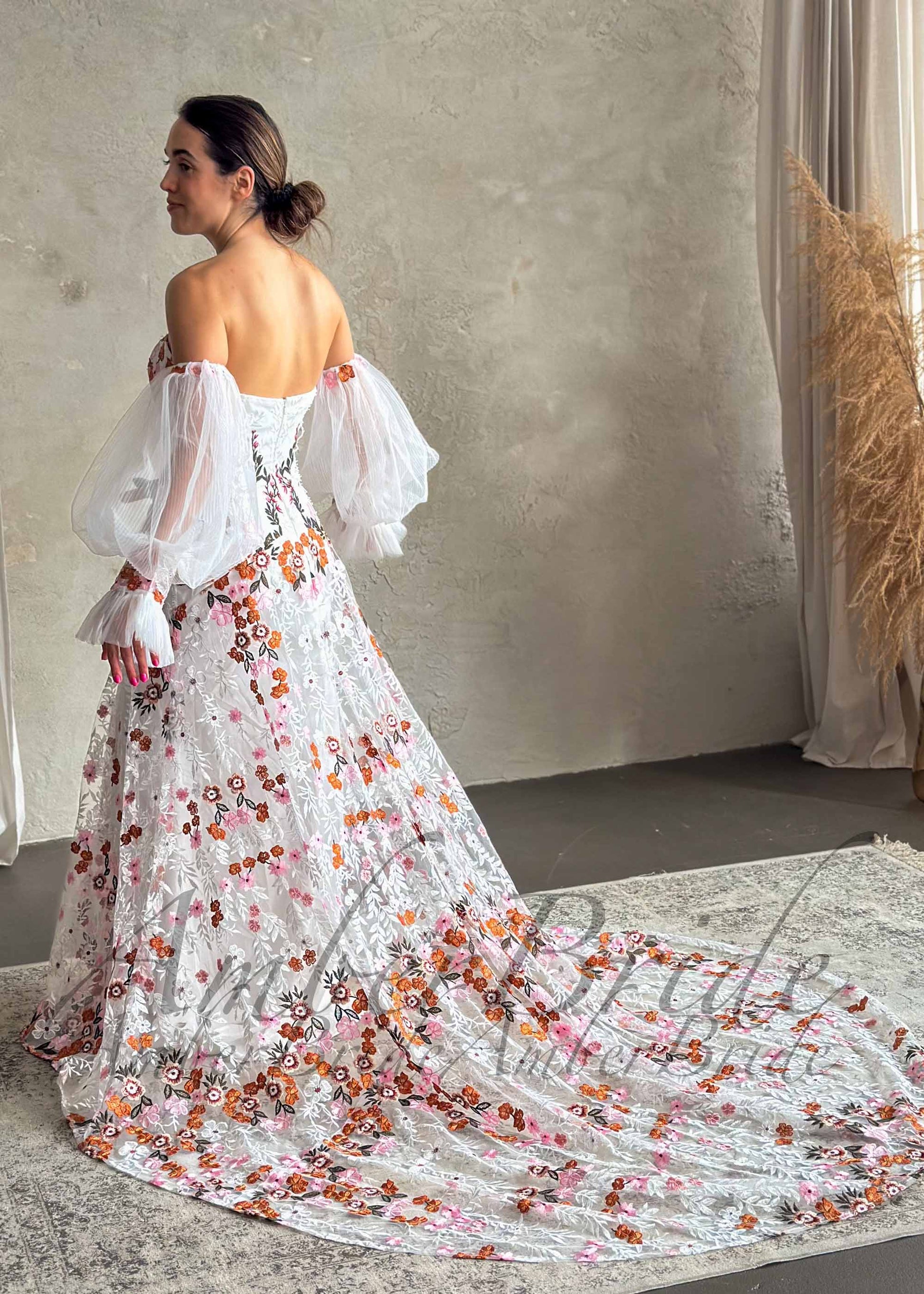 Boho Strapless Wedding Dress with Colorful Floral Embroidery and Detachable Puffy Sleeves