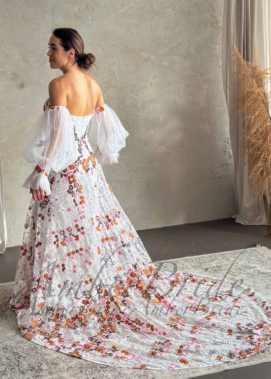 Boho Strapless Wedding Dress with Colorful Floral Embroidery and Detachable Puffy Sleeves