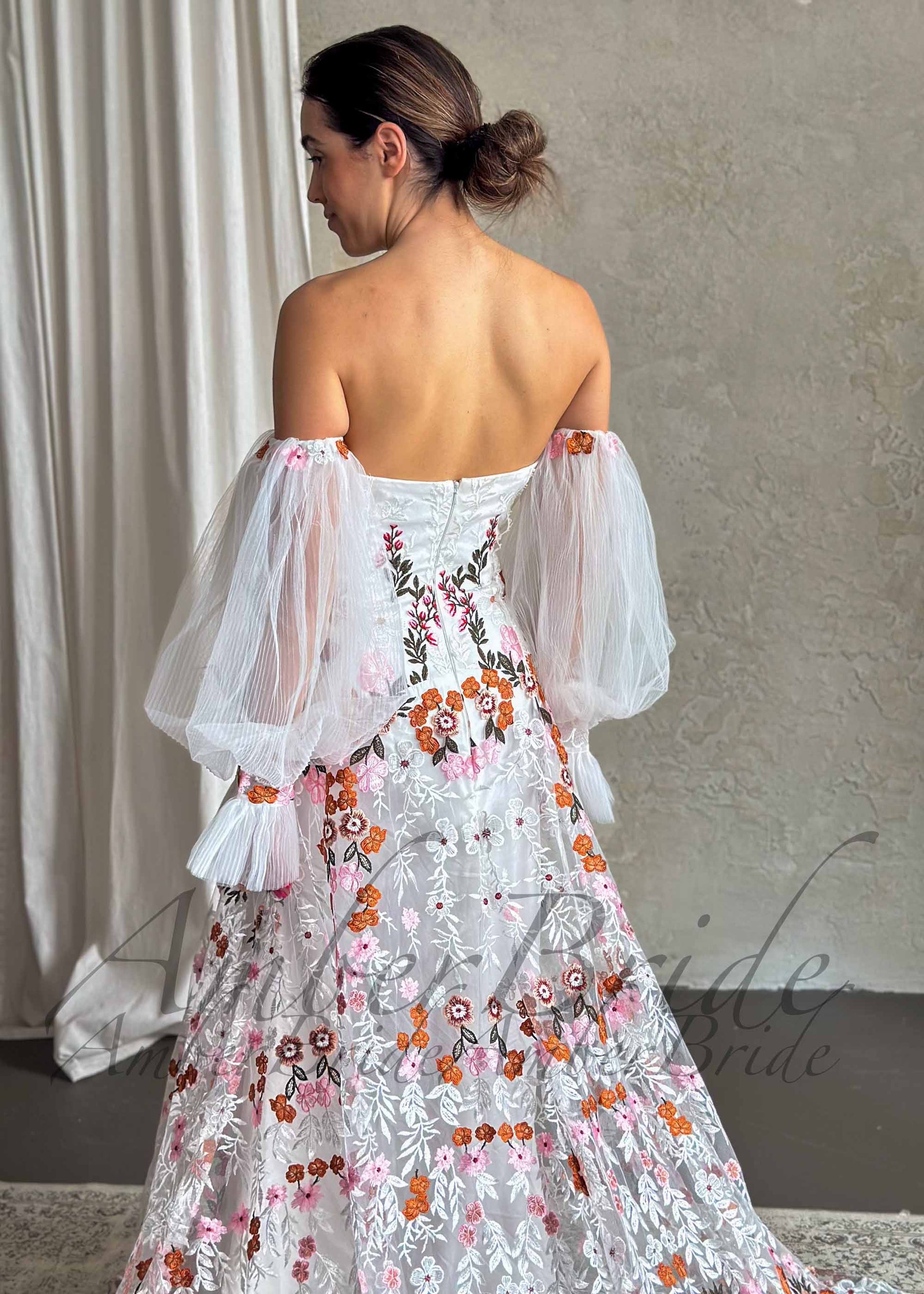 Boho Strapless Wedding Dress with Colorful Floral Embroidery and Detachable Puffy Sleeves