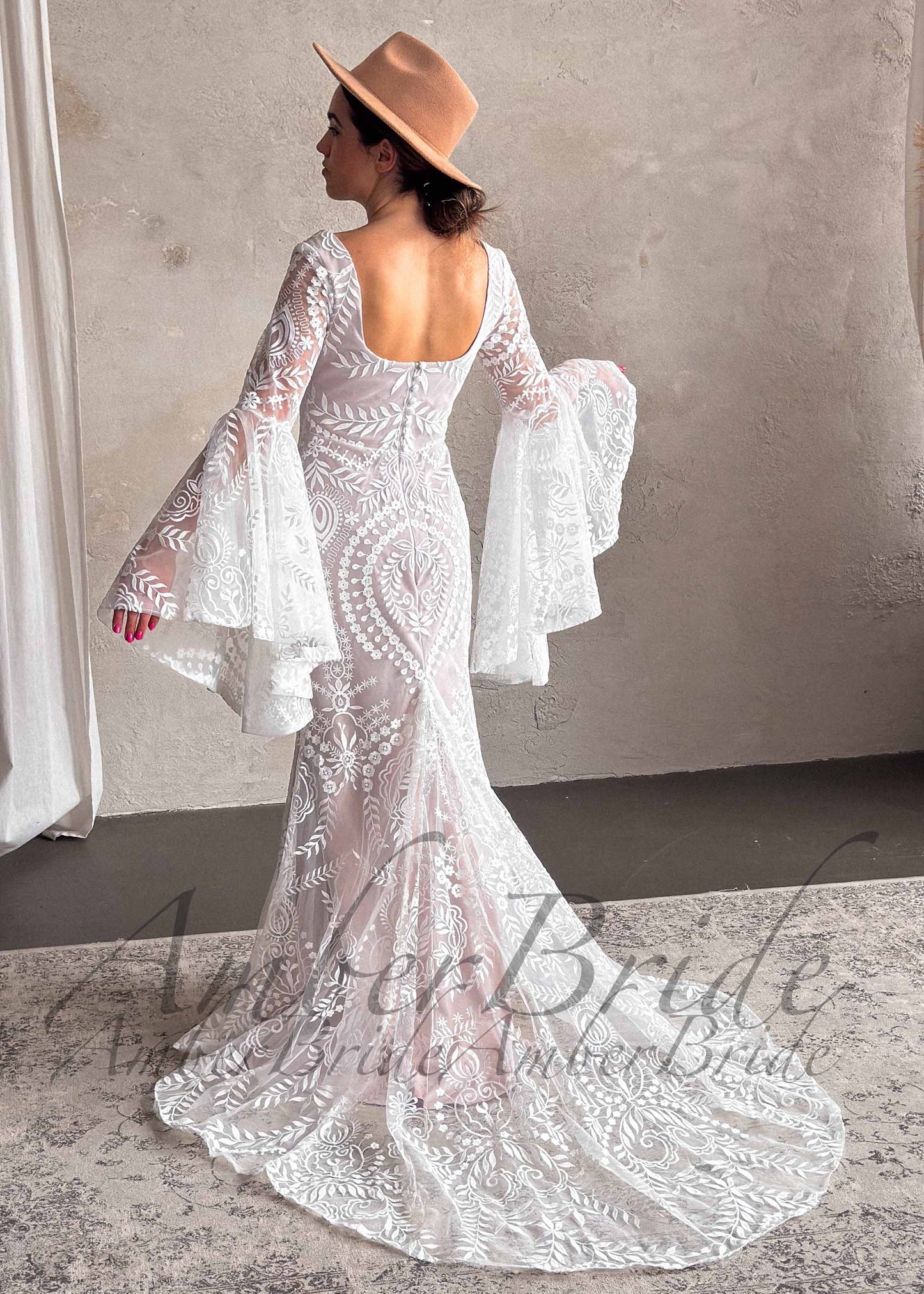 STOCK SELL-OUT: Boho Mermaid Wedding Dress with Bell Sleeves and Square Neck