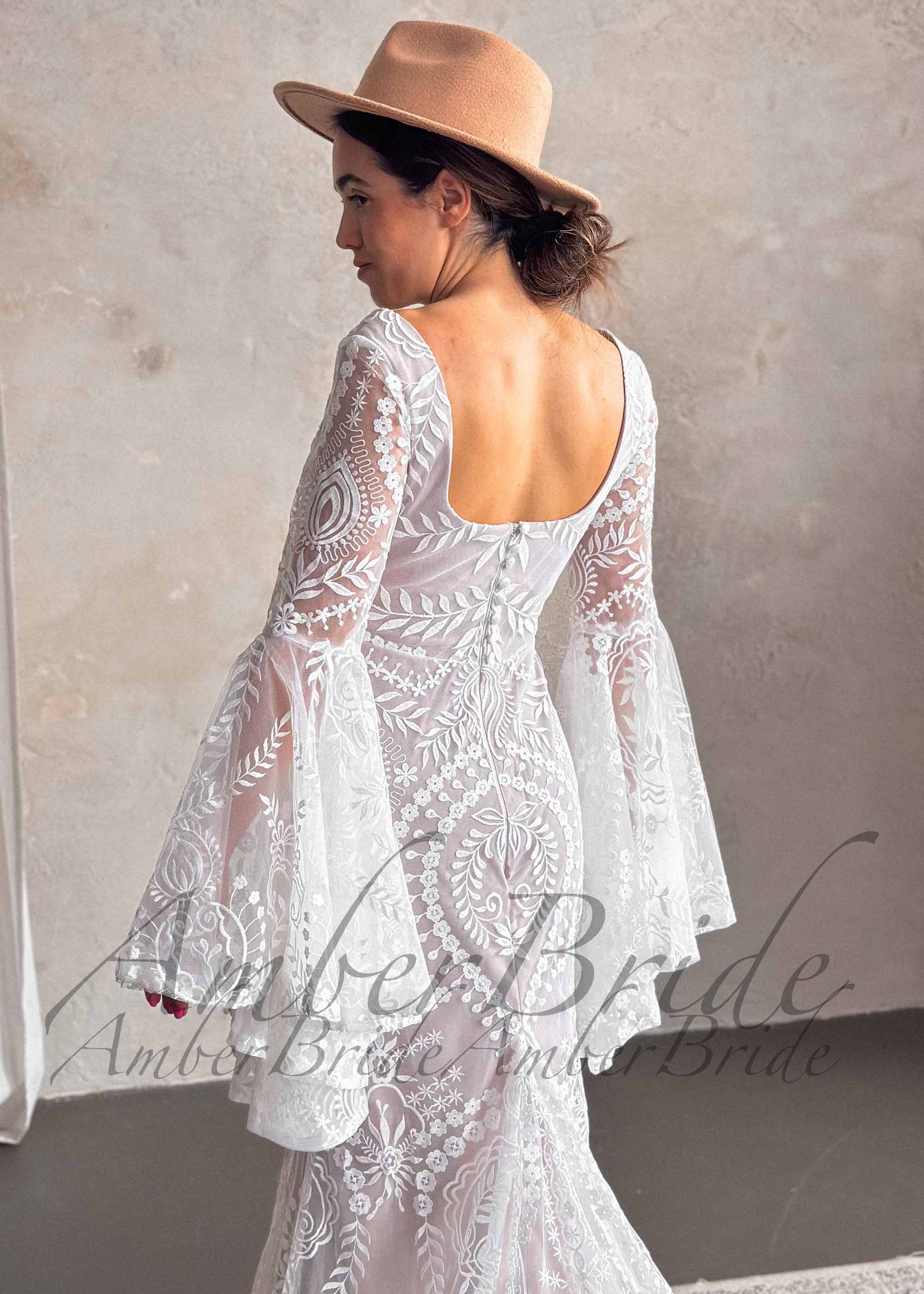 STOCK SELL-OUT: Boho Mermaid Wedding Dress with Bell Sleeves and Square Neck
