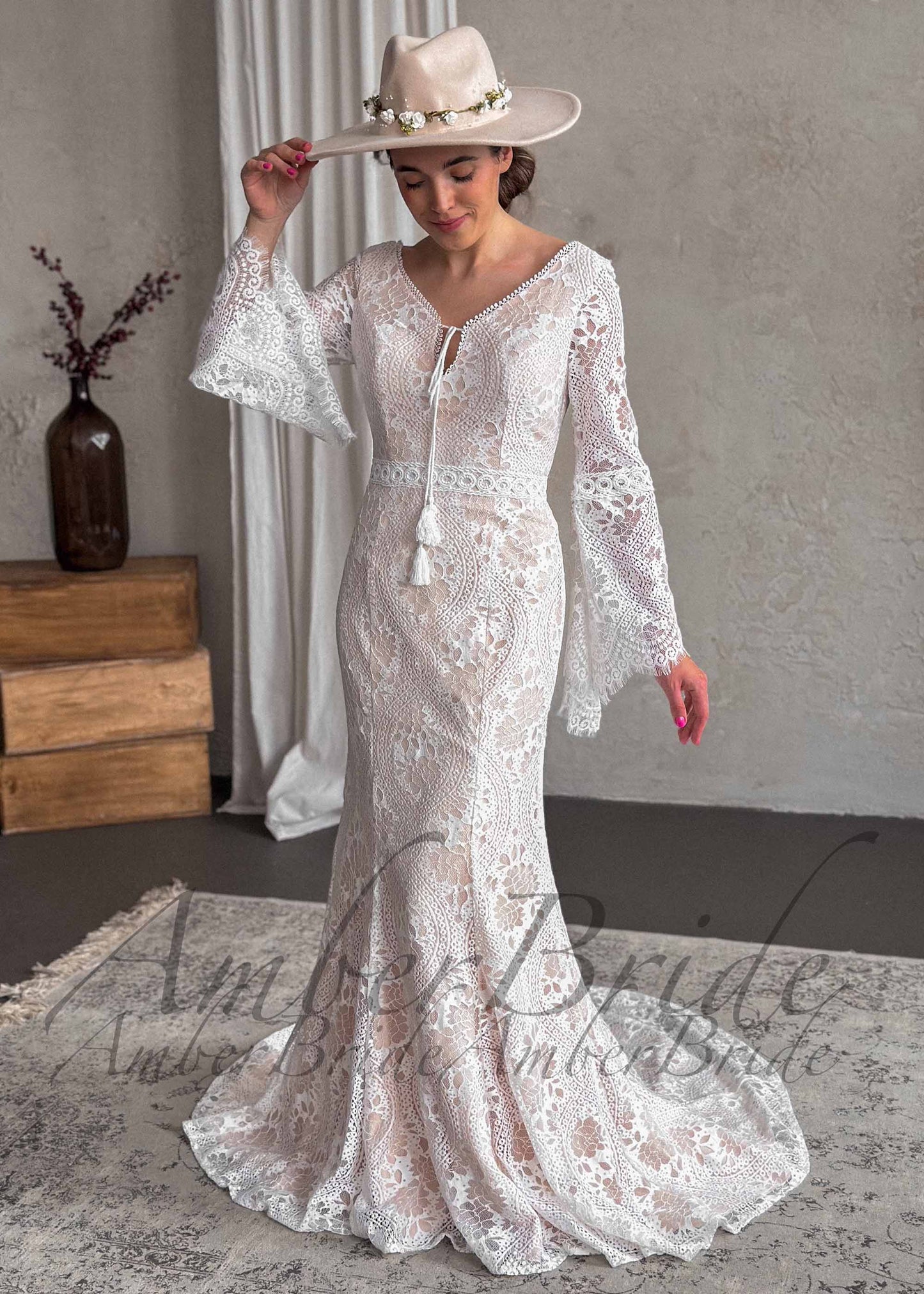 Boho Lace Mermaid Wedding Dress with Bell Sleeves and Open Back