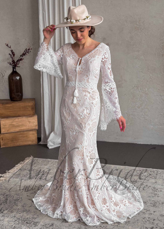 Boho Lace Mermaid Wedding Dress with Bell Sleeves and Open Back