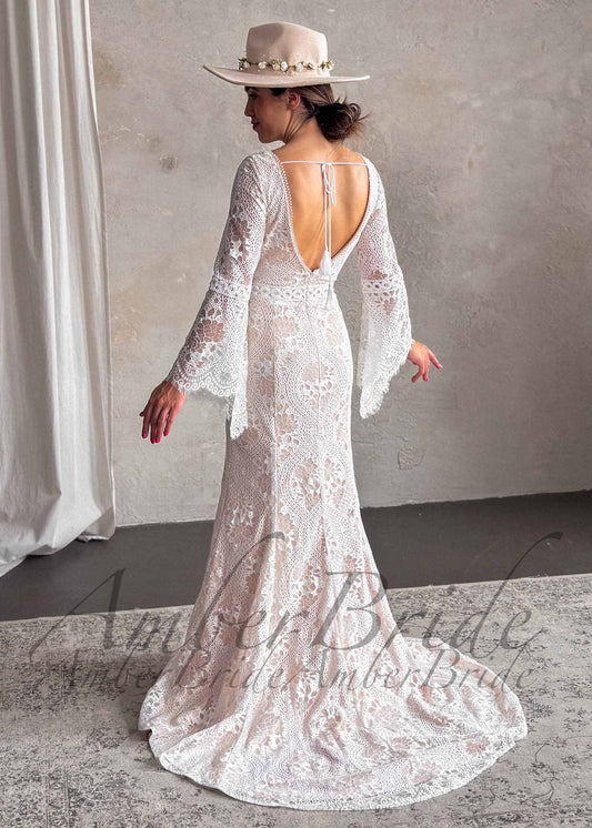 Boho Lace Mermaid Wedding Dress with Bell Sleeves and Open Back