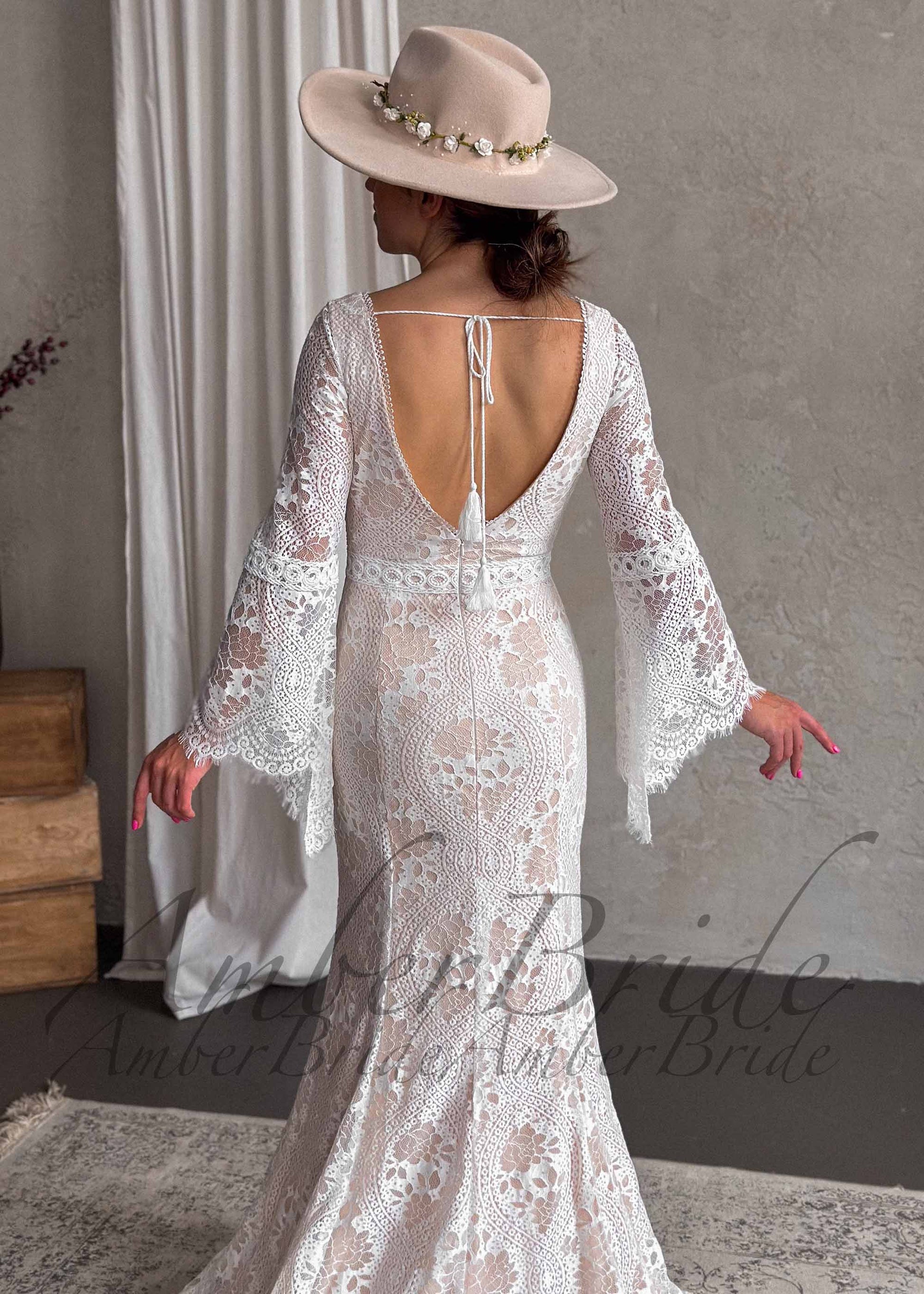 Boho Lace Mermaid Wedding Dress with Bell Sleeves and Open Back