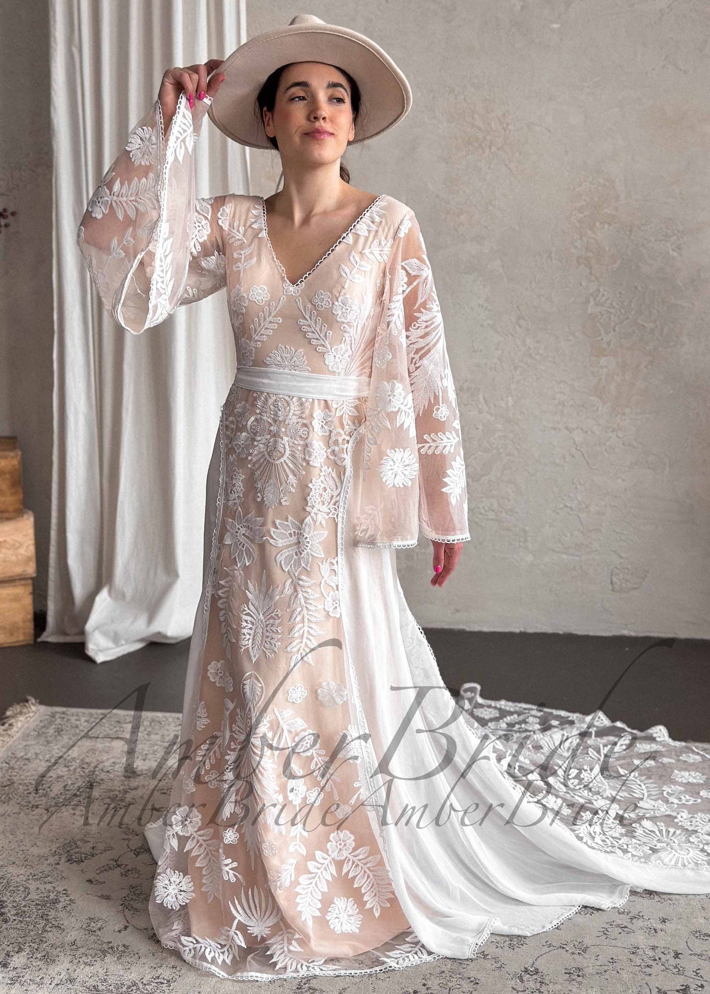Boho Wedding Dress with Embroidered Flowers and Cape Sleeves