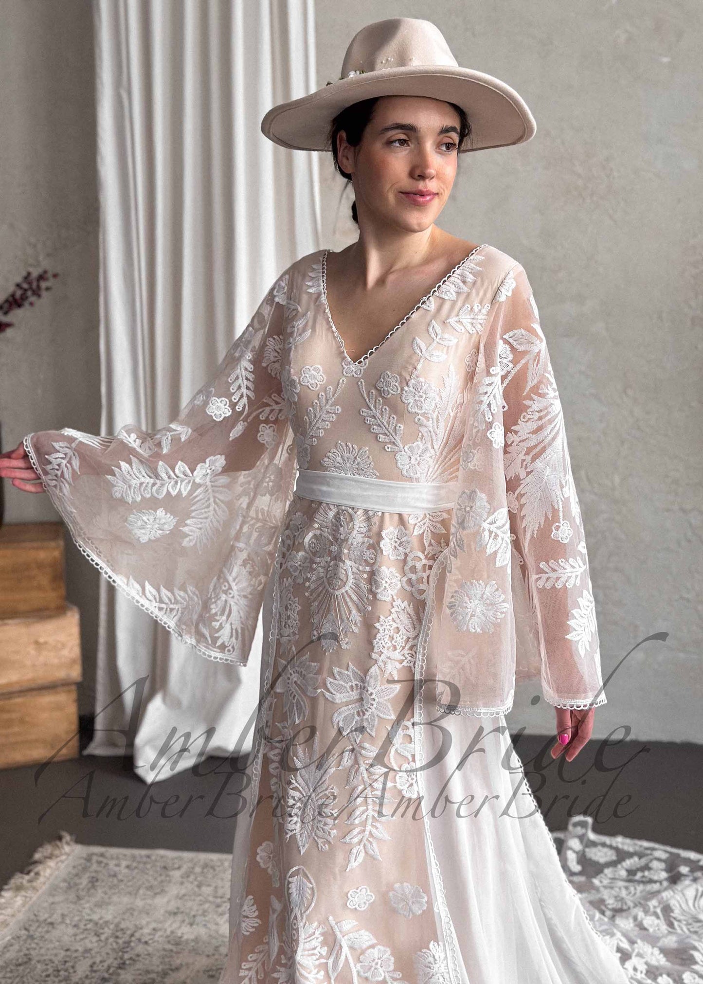 Boho Wedding Dress with Embroidered Flowers and Cape Sleeves