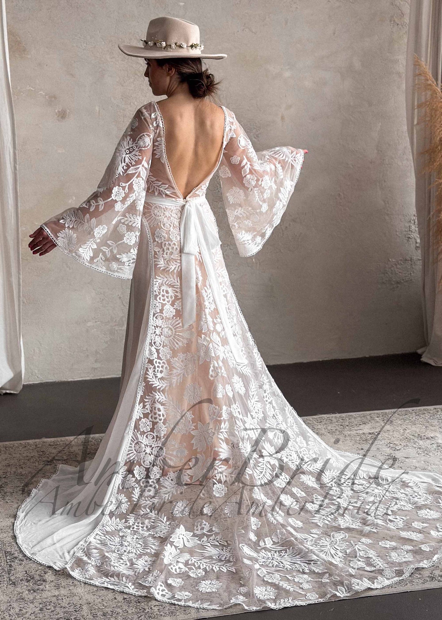 Boho Wedding Dress with Embroidered Flowers and Cape Sleeves