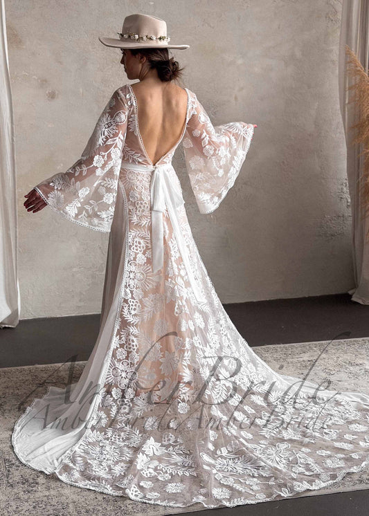 STOCK SELL-OUT: Boho Wedding Dress with Embroidered Flowers and Cape Sleeves