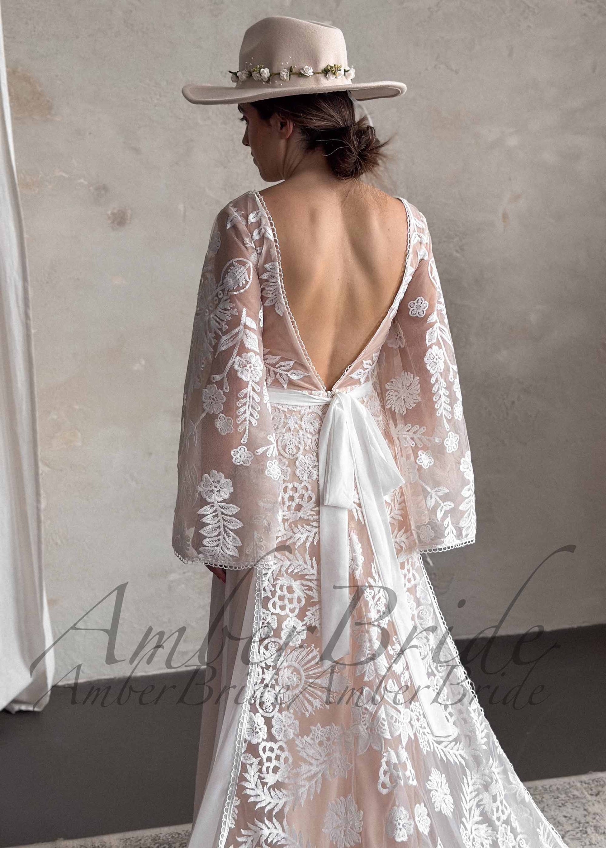 STOCK SELL-OUT: Boho Wedding Dress with Embroidered Flowers and Cape Sleeves