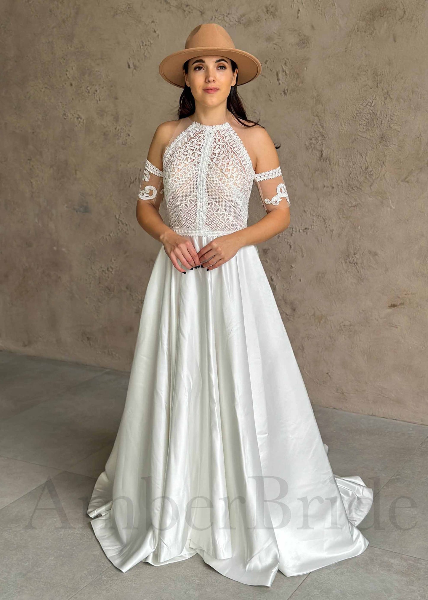 Boho A-Line High Neck Wedding Dress with Lace Top, Sleeveless Design, and Satin Skirt