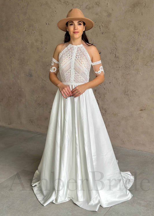 Boho A-Line High Neck Wedding Dress with Lace Top, Sleeveless Design, and Satin Skirt