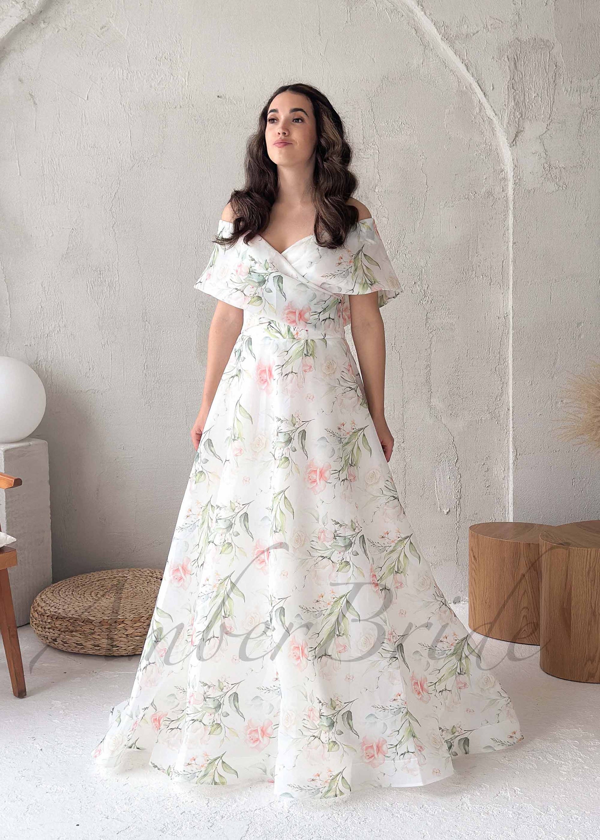 Floral A Line Off Shoulder Organza Wedding Dress with Corset