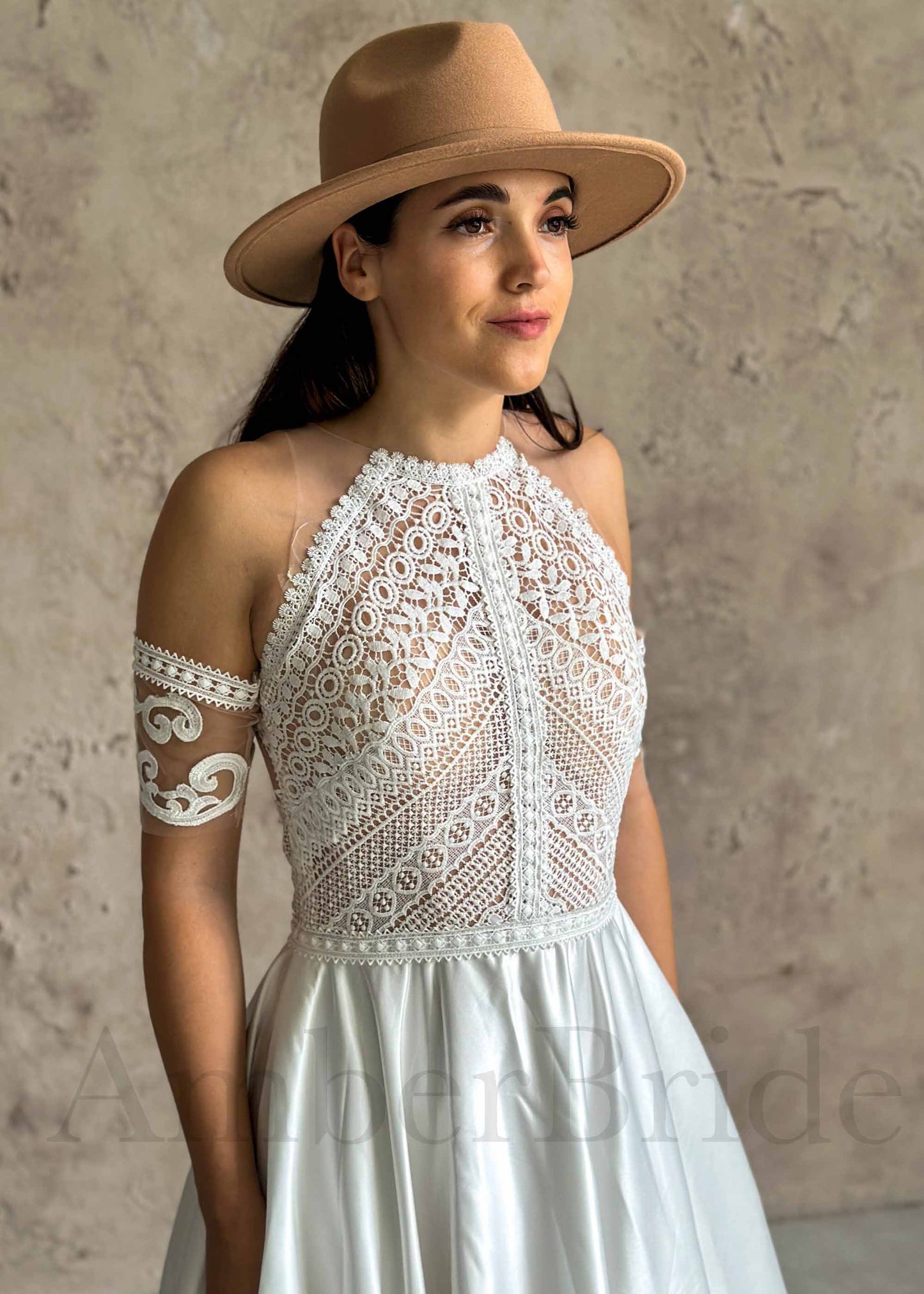 Boho A-Line High Neck Wedding Dress with Lace Top, Sleeveless Design, and Satin Skirt