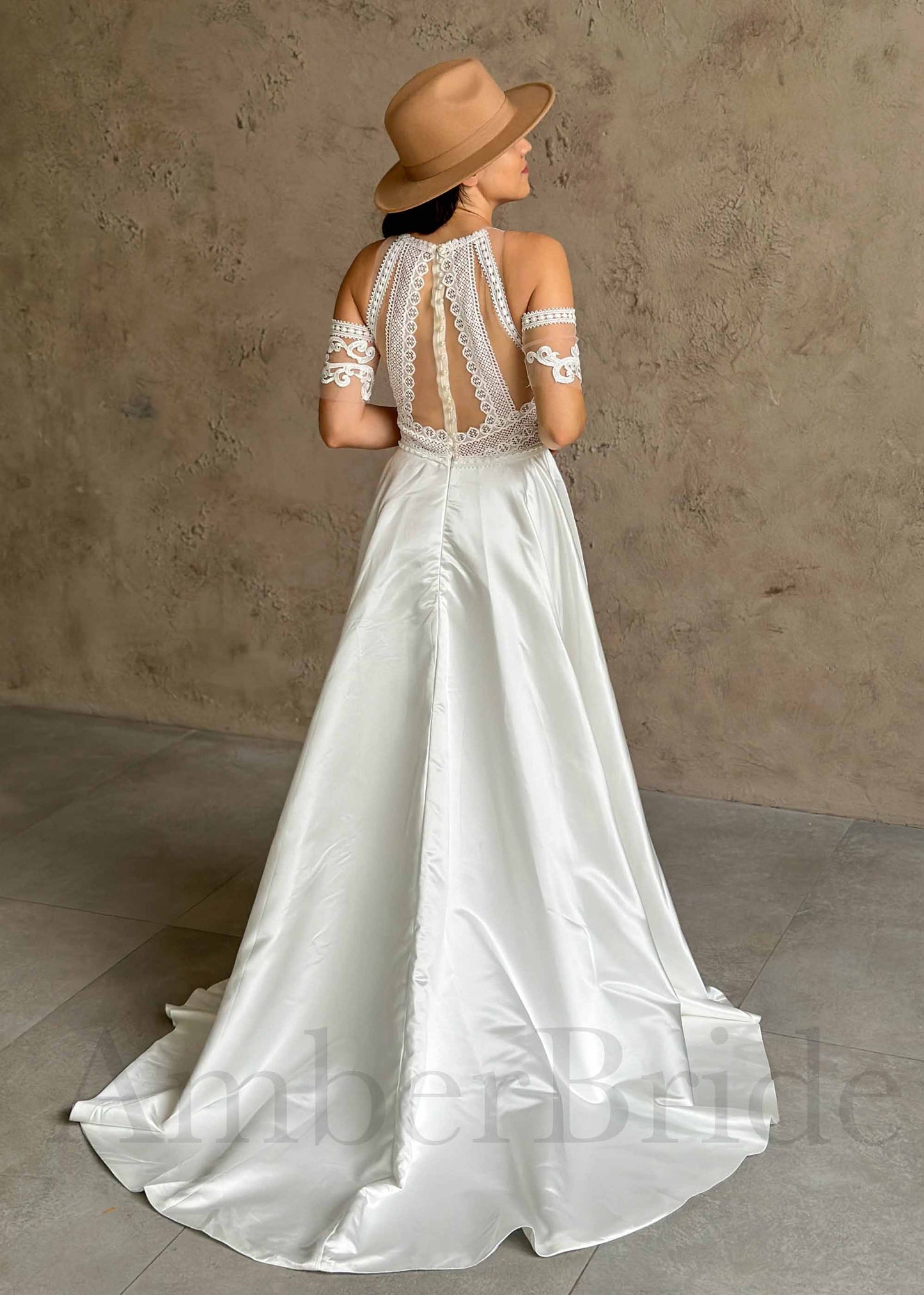 Boho A-Line High Neck Wedding Dress with Lace Top, Sleeveless Design, and Satin Skirt