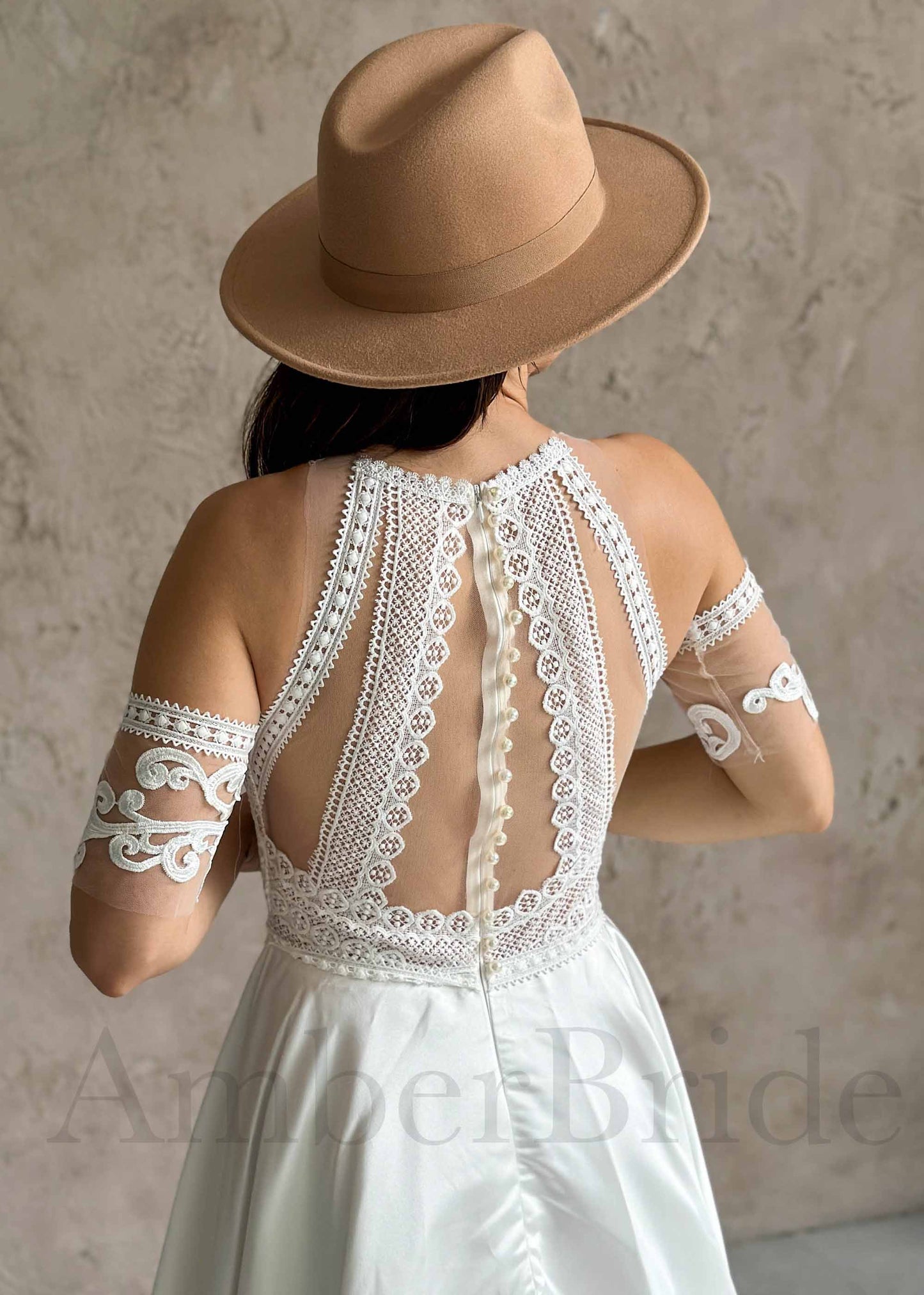 Boho A-Line High Neck Wedding Dress with Lace Top, Sleeveless Design, and Satin Skirt