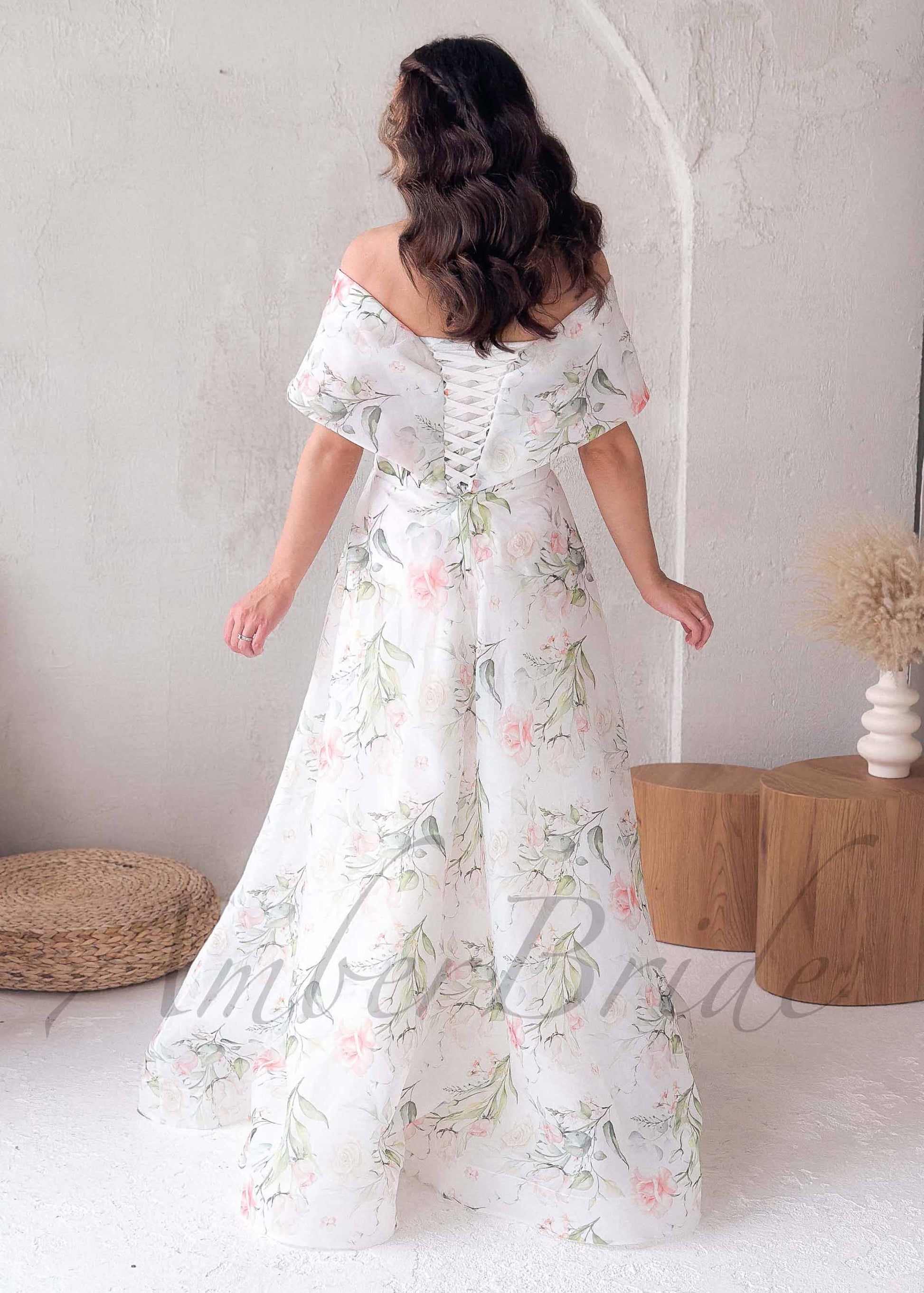 Floral A Line Off Shoulder Organza Wedding Dress with Corset