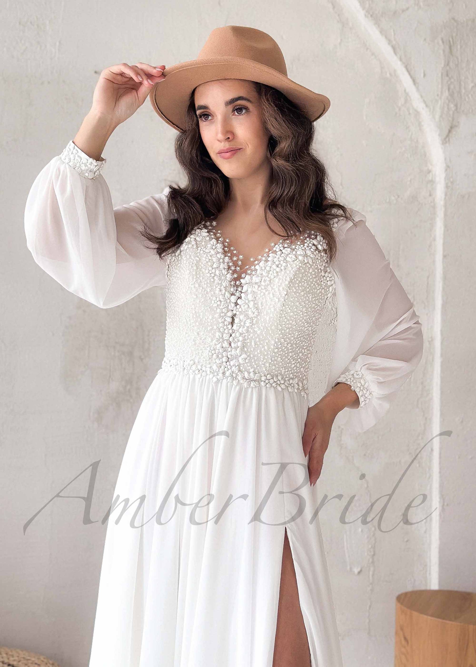 Boho A Line Chiffon Wedding Dress with Long Puffy Sleeve and Floral Appliques