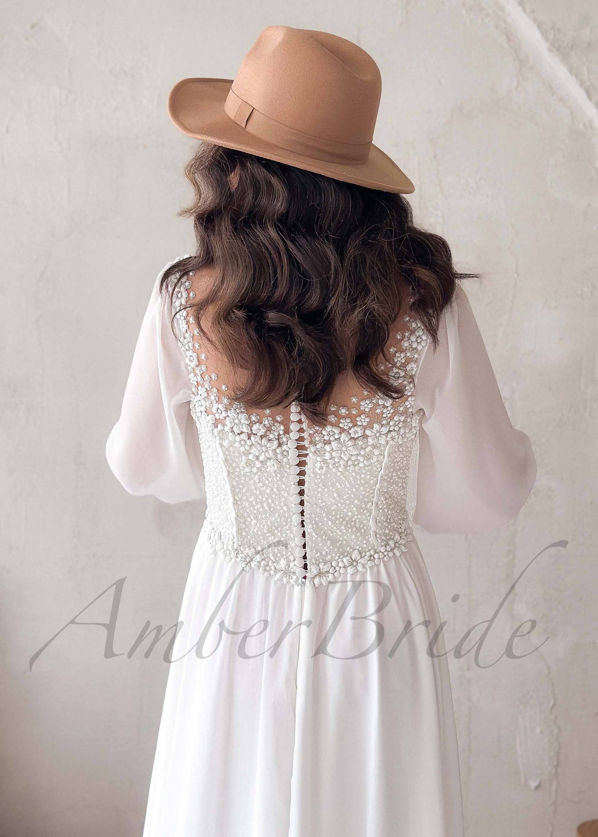 Boho A Line Chiffon Wedding Dress with Long Puffy Sleeve and Floral Appliques