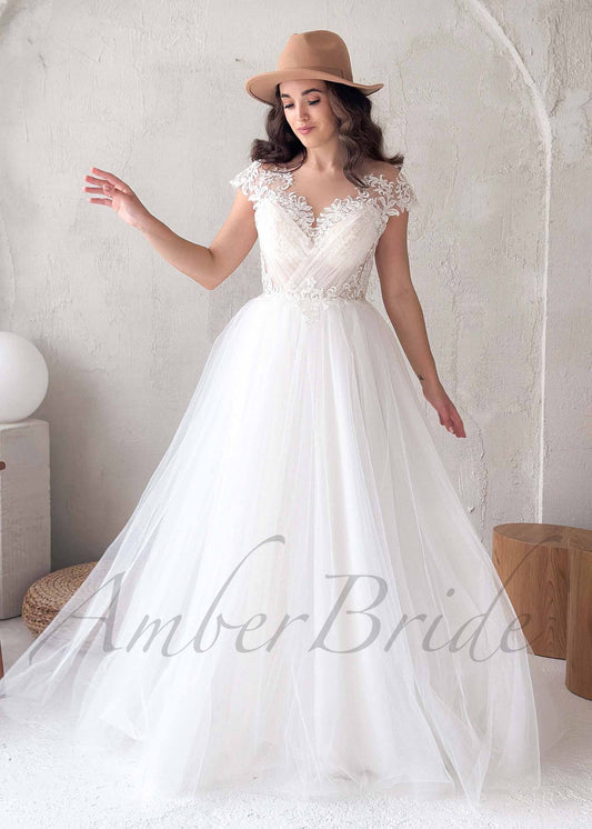 Bohemian Wedding Dress with Illusion Lace Back & Cap Sleeves