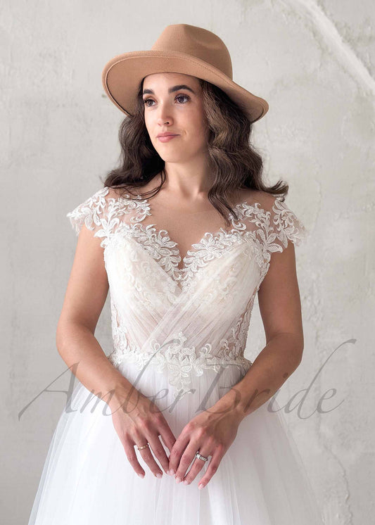 Bohemian Wedding Dress with Illusion Lace Back & Cap Sleeves