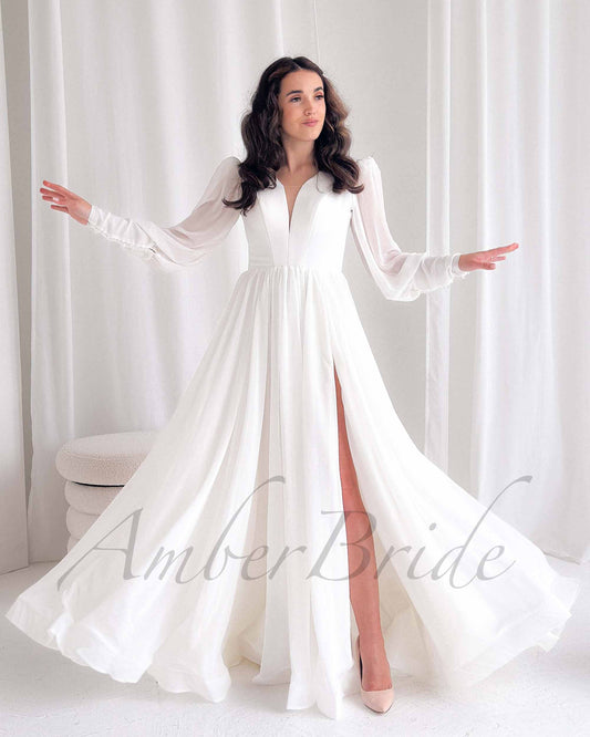 Minimalist A-Line Chiffon Wedding Dress with Long Puffy Sleeves and Deep V-Neck – front view | AmberBride